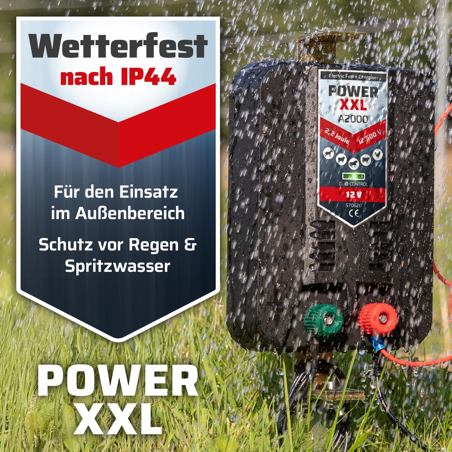 A2000 12V Set Elektrozaungerät inklusive Zubehör Weidezaungerät für Lange Einzäunungen, Weidezaun Paddock Gehege 12.500 Volt 2,2 Joule