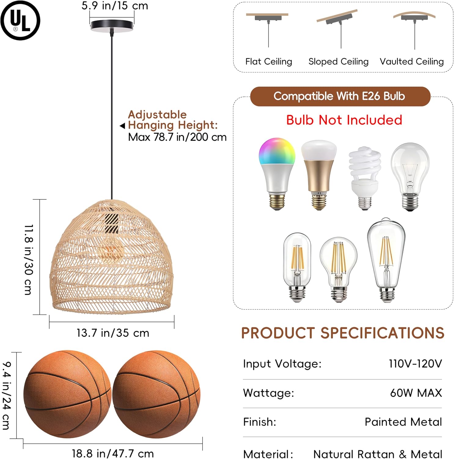 13.7" Boho Rattan Chandelier Light Fixture, 1-Light Hand Woven Small Pendant Lights Kitchen Island Wicker Farmhouse Rustic Hanging Lamp for Dining Room, Bedroom, Living Room, Entryway, Foyer