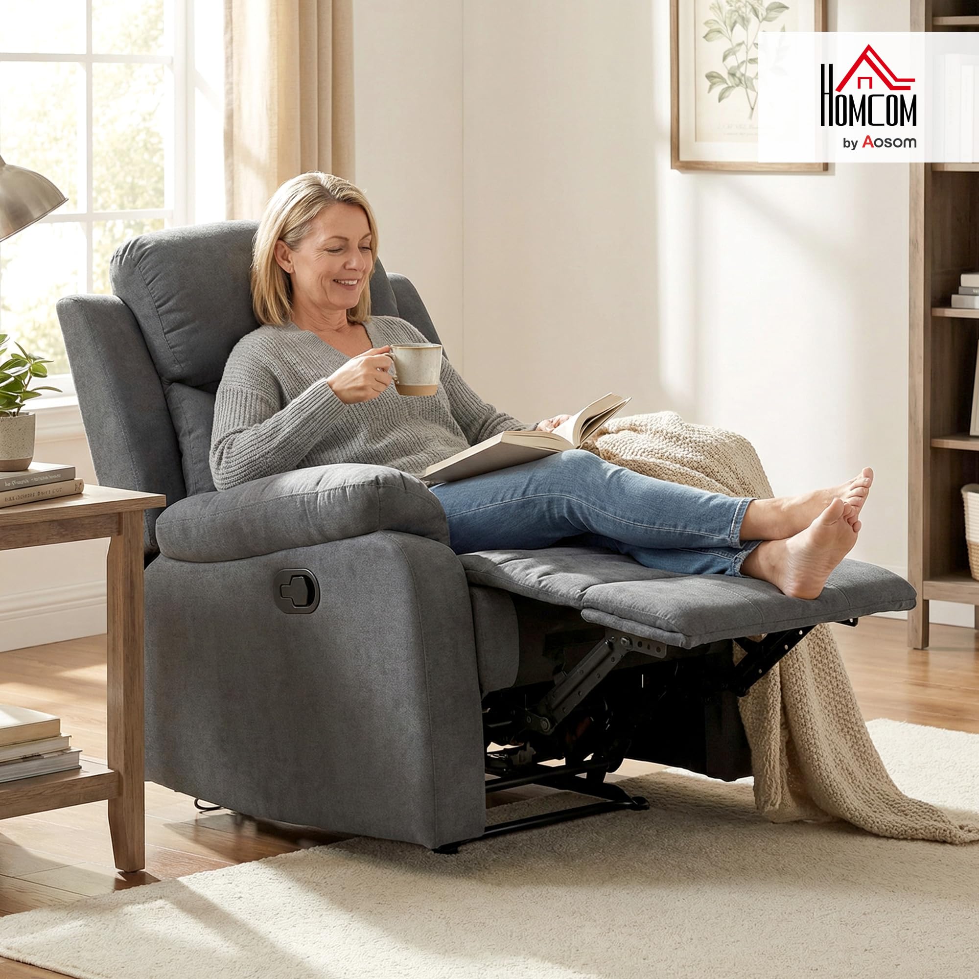 HOMCOM Poltrona Relax Manuale Ergonomica in Tessuto, Poltrona Reclinabile a 150° e Poggiapiedi per Casa e Ufficio, 93x88x102cm, Grigio Scuro