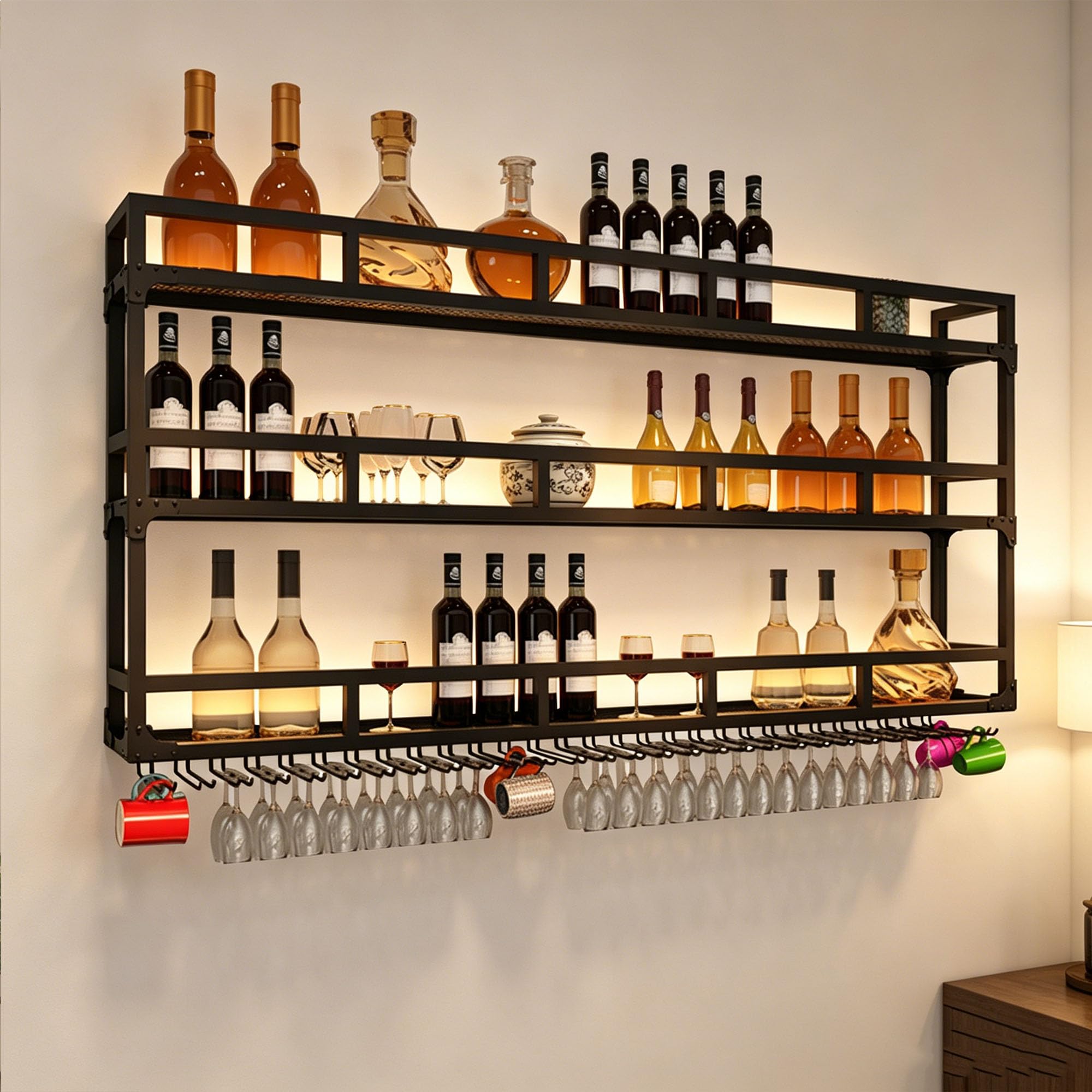 Porte Bouteille Mural avec Lumière Range Bouteille Etagere Murale Cuisine Casier à Bouteilles Casiers et Supports de Cuisine Meuble Bar avec Porte Verres Suspendu pour Comptoir de Bar Salon Cuisine(Bl