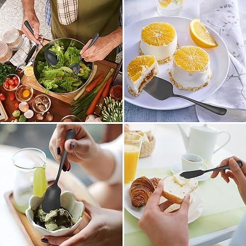 Miniatura 3 de LIANYU Juego de cubiertos negros de 77 piezas con cuchillos de carne y utensilios de servir, juego de cubiertos de acero inoxidable para 12