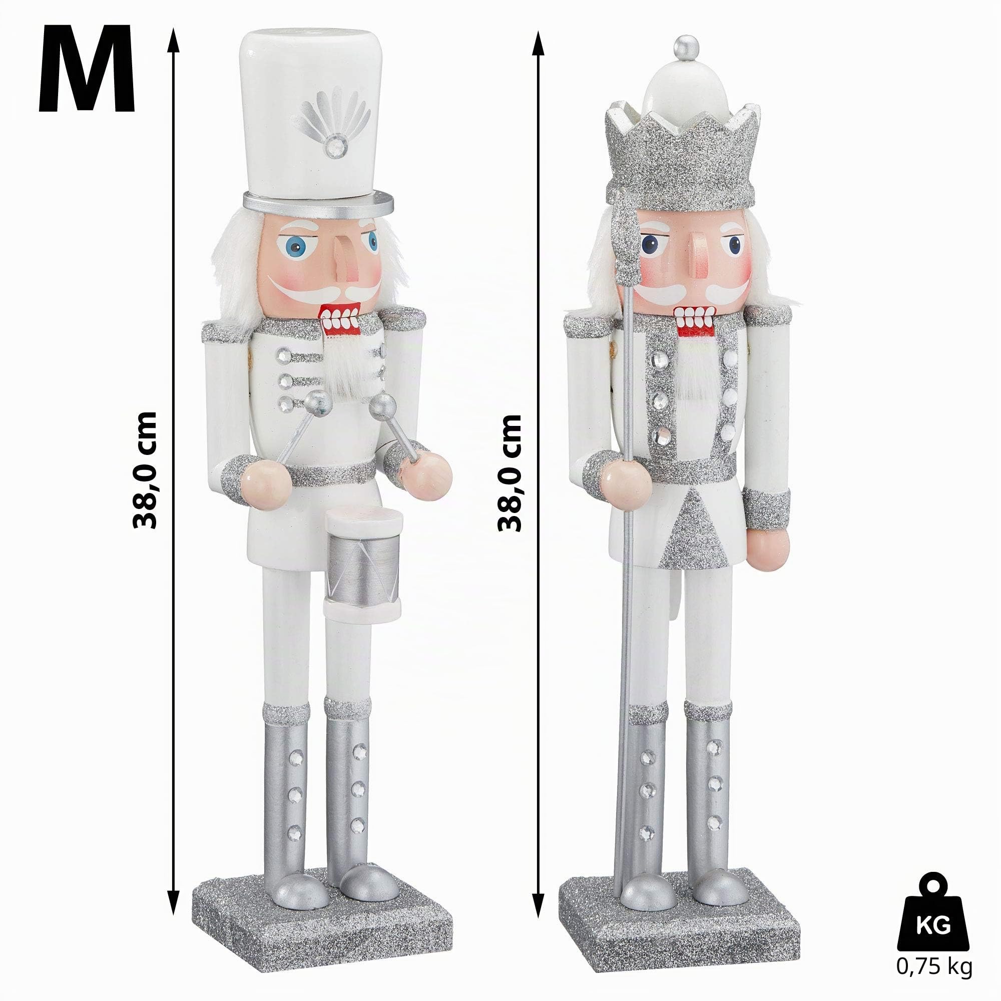 Cepewa Figurine casse-noisette en bois, composée de tambour et de roi, 38 cm, blanc et argenté, décoration de Noël, style des Monts Métallifères, concasseur à noix, 1 pièce