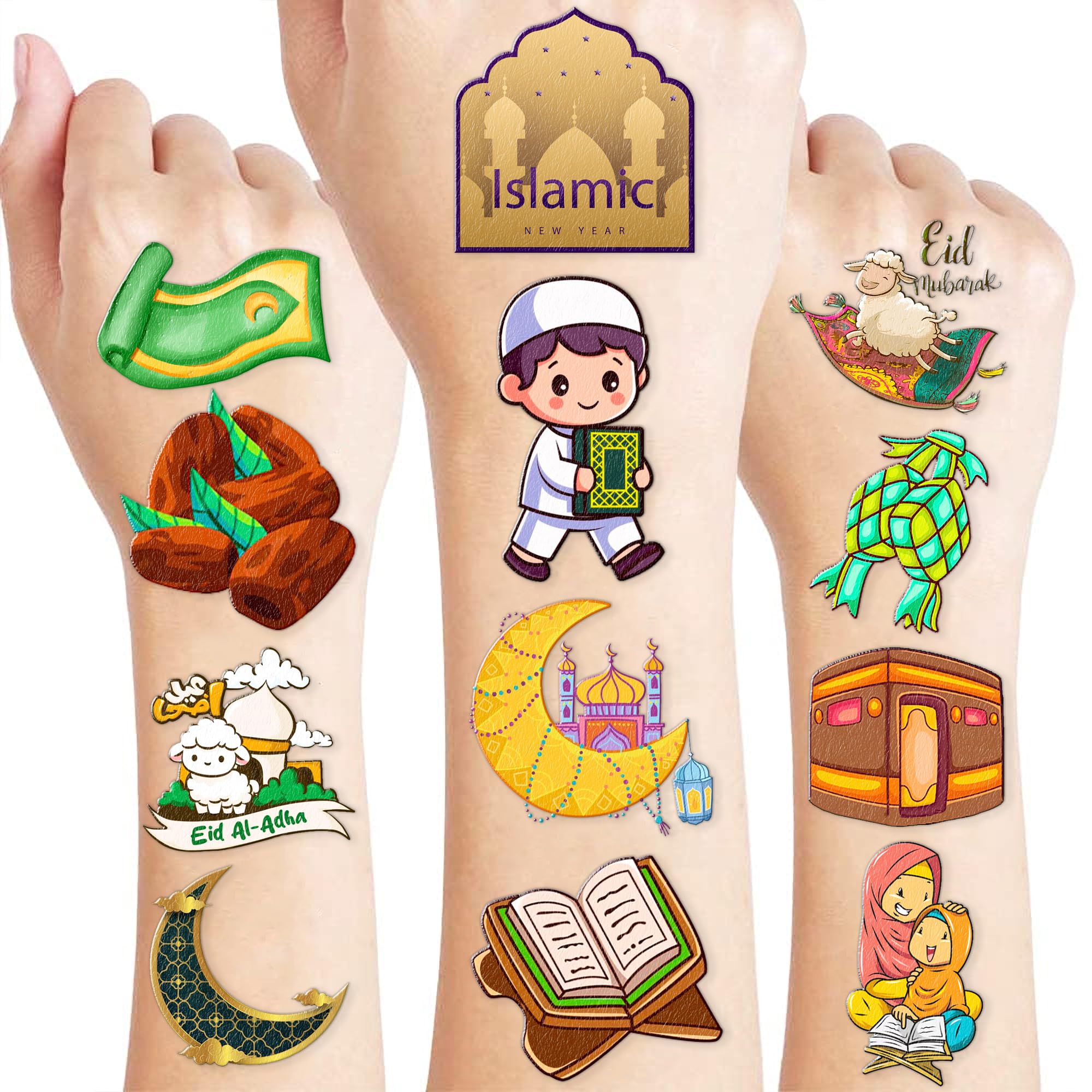 100 PCS Islamic Birthday Party Decorations Favors Supplies Islamic New Year Ramadan Eid Ameen Mubarak Temporary Tattoos Stickers Girls Boys Classroom