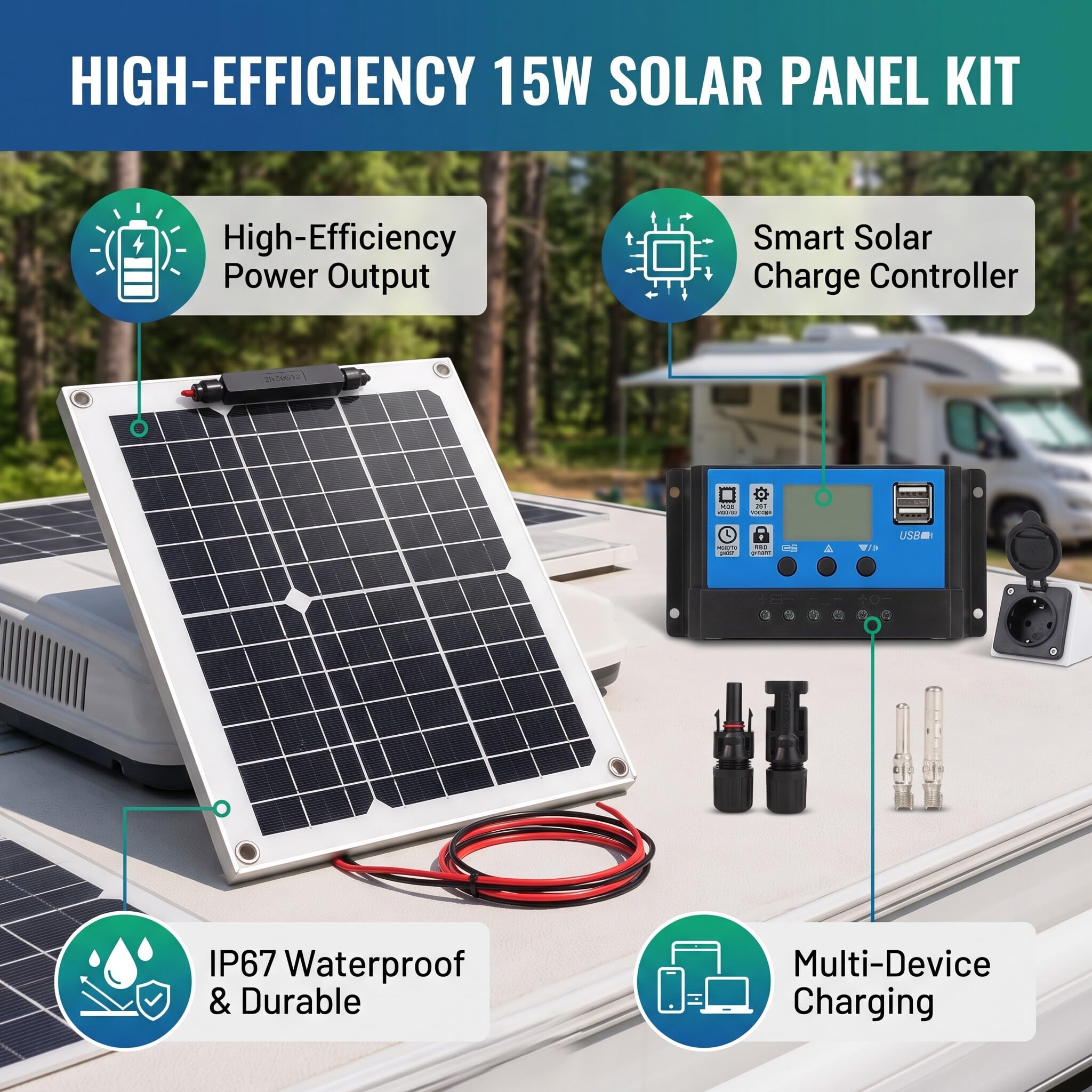 Pannello Solare 300W Alta Efficienza per Campismo e Outdoor con Regolatore di Carica IP67 - Kit Solare Completo 12V/24V 50A per Auto e