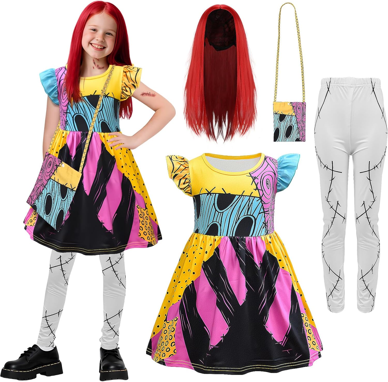 4PCS Kids Sally Costume Girls Christmas Sally Dress Wig Bag Tights Cosplay Accessories for Halloween 110