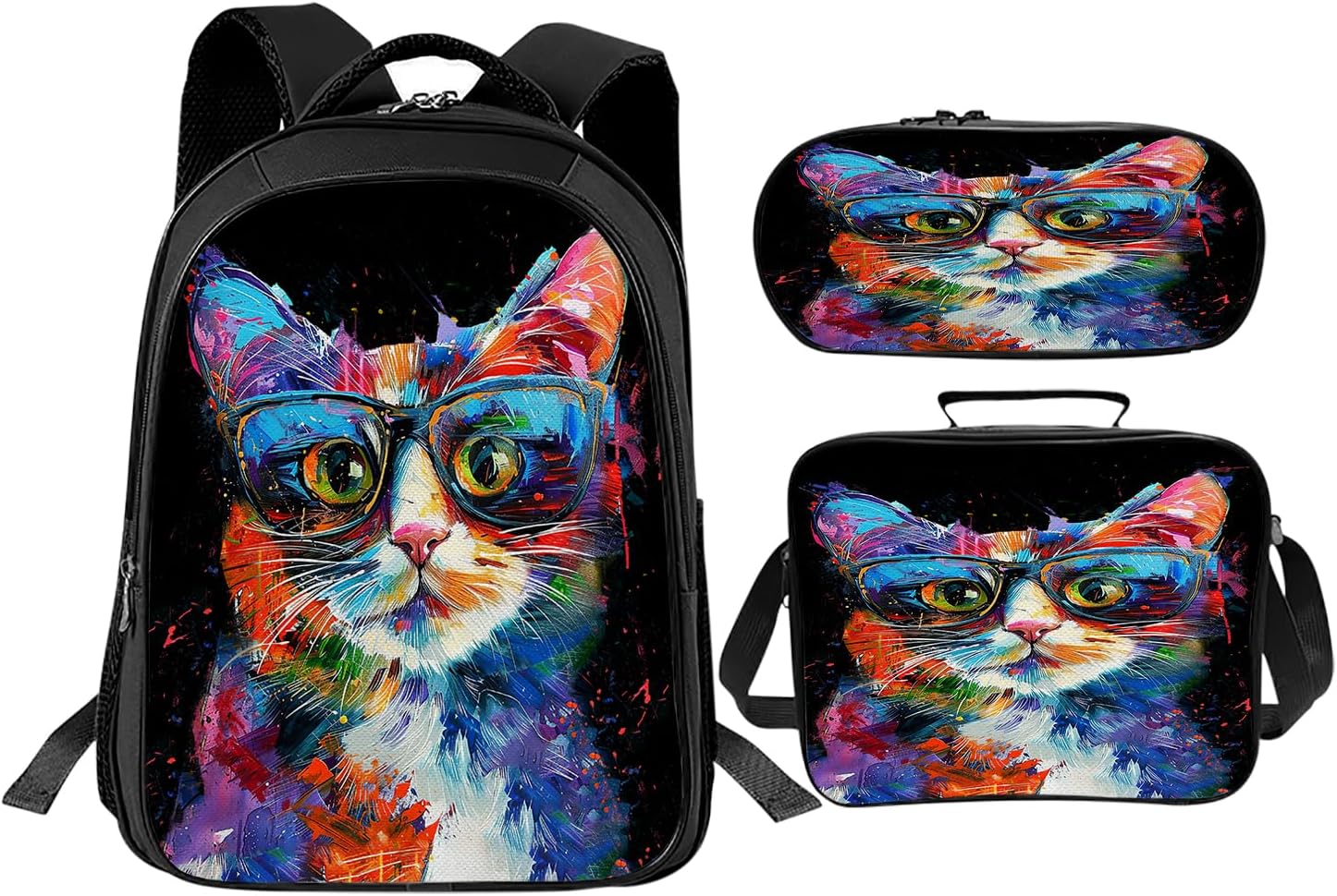 Cat School Backpack for Teens Kids Kindergarten Elementary Middle School 3-Pcs Bookbag, Cats Back Pack for Boys Girls Children Animal Book Bag, Small Modern Bag