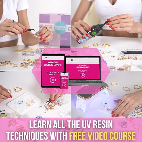 Miniatura 2 de Modda Kit de resina UV con luz para principiantes con curso de video, kit de fabricación de joyas de resina para adultos, incluye resina UV, lámpara