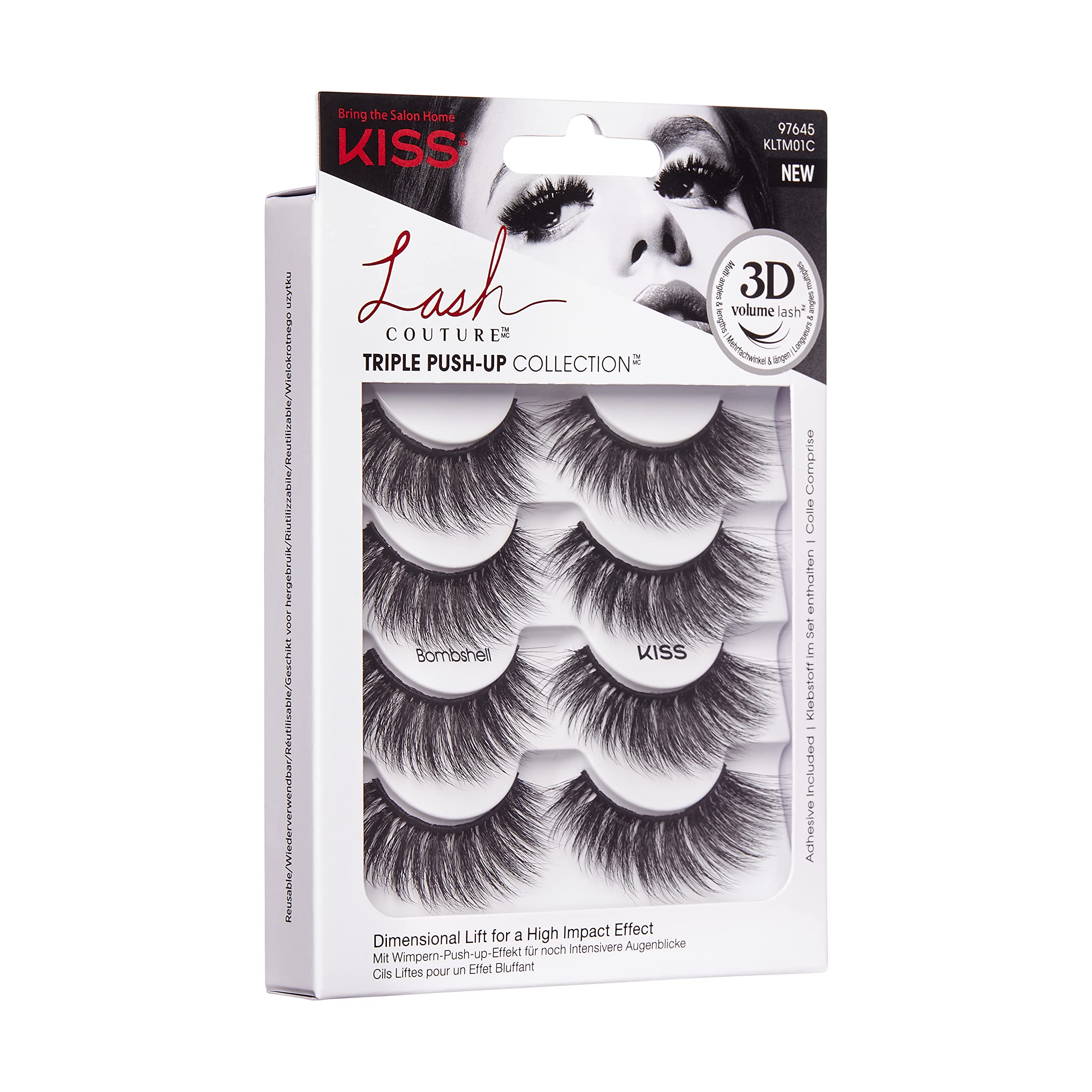 KISS Lash Couture Triple Push Up Collection 4 Paar künstliche Wimpern, Bombshell, Fake Lashes mit 3D-Volumen, tierversuchsfrei, wiederverwendbar, inklusive Wimpernkleber Schwarz (Packung mit 3)
