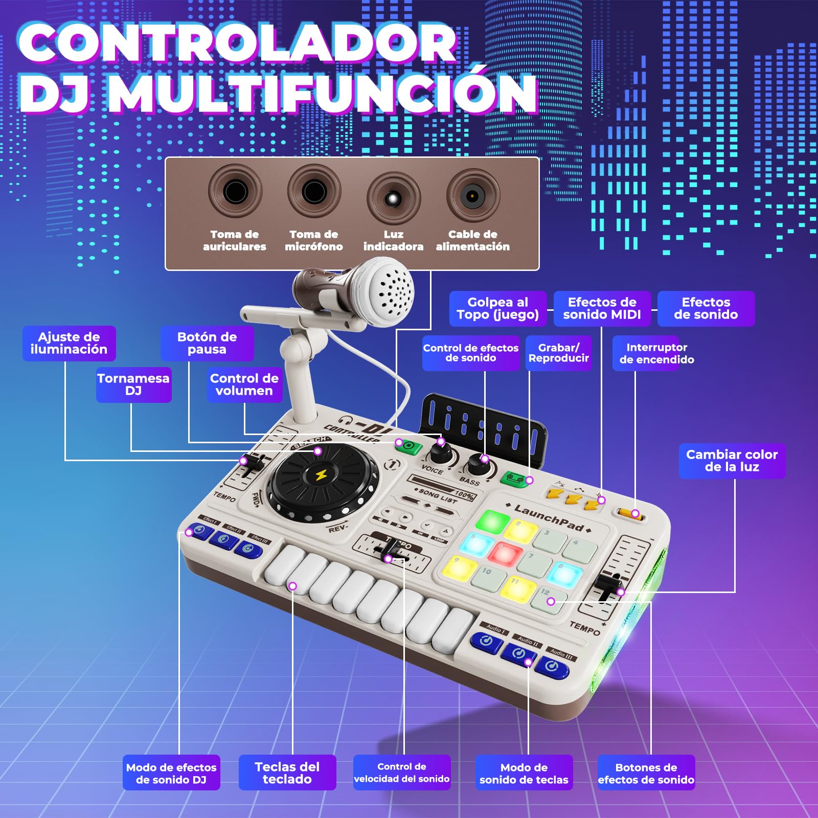 Mesa de mezclas DJ para niños de 3 a 12 años con micrófono DJ Mixer, controlador de mezclas DJ con 100+ efectos de sonido, juguete musical con recargable, regalo ideal para niñas y niños principiantes
