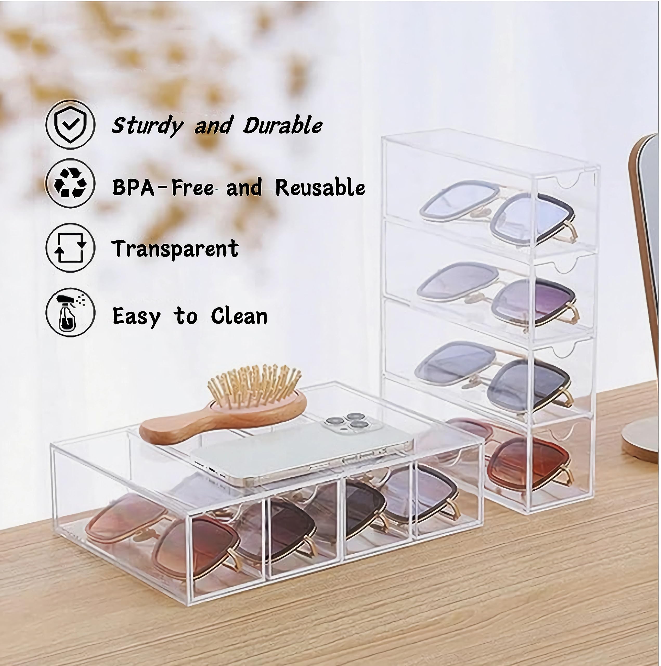 KNC Acrylic Eye Glass Storage Organizer Box with 4 Clear Divided Drawers for Sunglasses Stackable Cosmetic Jewelry Makeup Tabletop Coffee Pod Display Organizer Holder?Clear