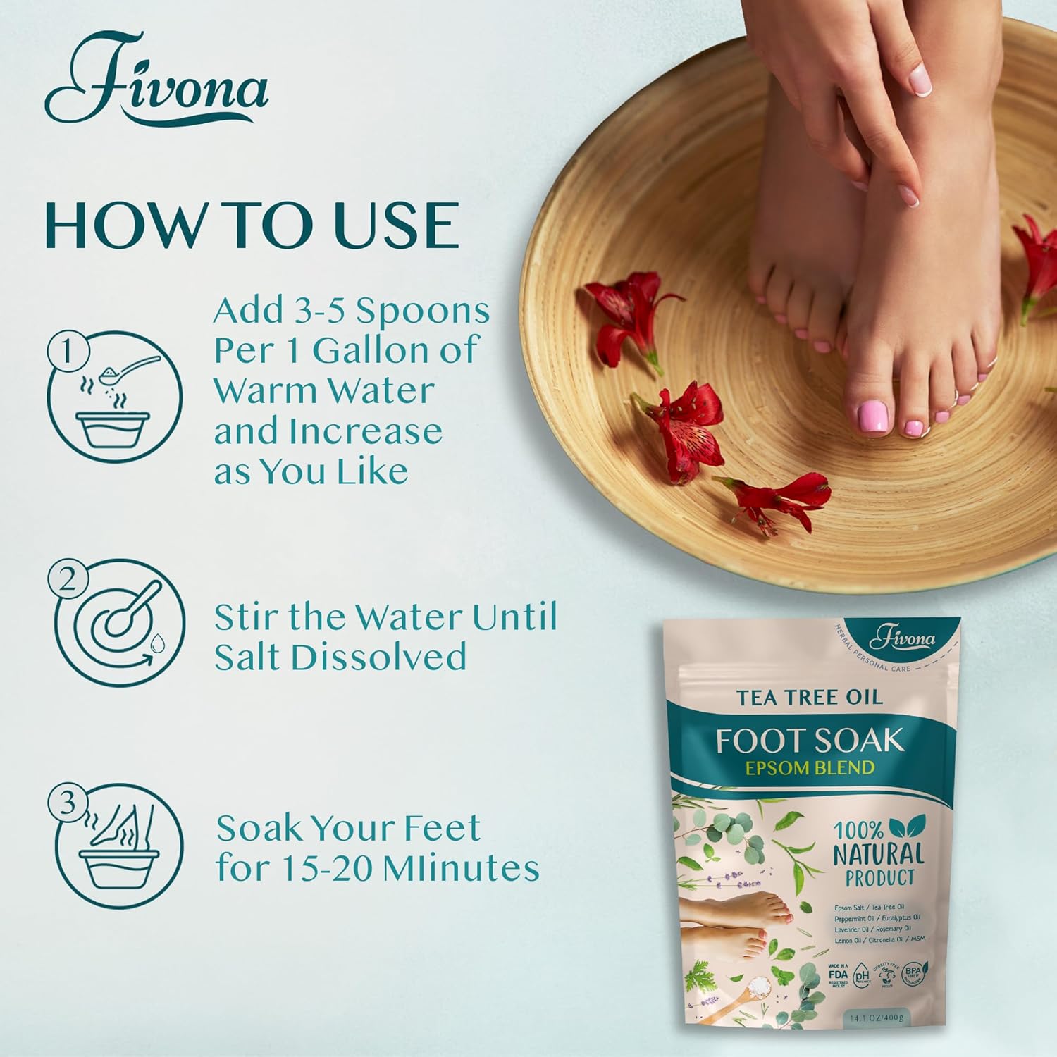 Fivona Tea Tree Foot Soak Blend 14.1 oz - Epsom Salt with Essential Oils for Healthy Toenails, Soothing Relief, Callus Softening - Pedicure Therapy for Soft, Rejuvenated Feet - Image 6