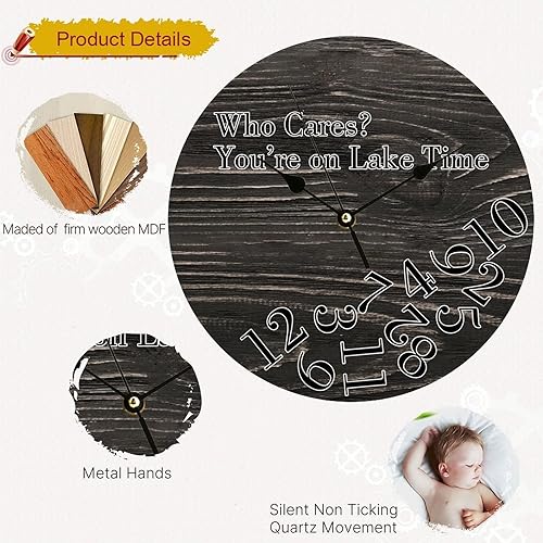 Miniatura 10 de Reloj de pared de madera vintage rústico envejecido redondo grande funciona con pilas sin tictac Who Cares Youre on Lake Time números arábigos
