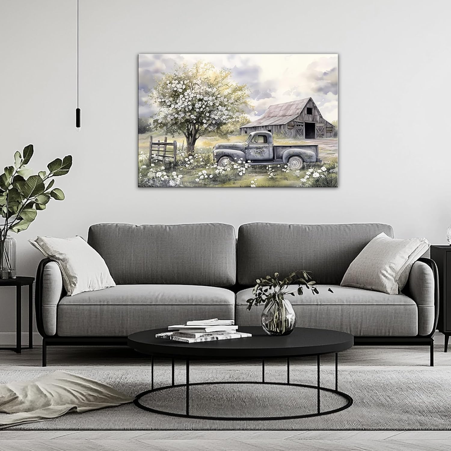 GLOKAKA Country Farmhouse Canvas Wall Art Rustic Floral Old Truck Barn Pictures Print Countryside Landscape Paintings for Living Room Bedroom Wall Decor(FARM-1,16"x24")