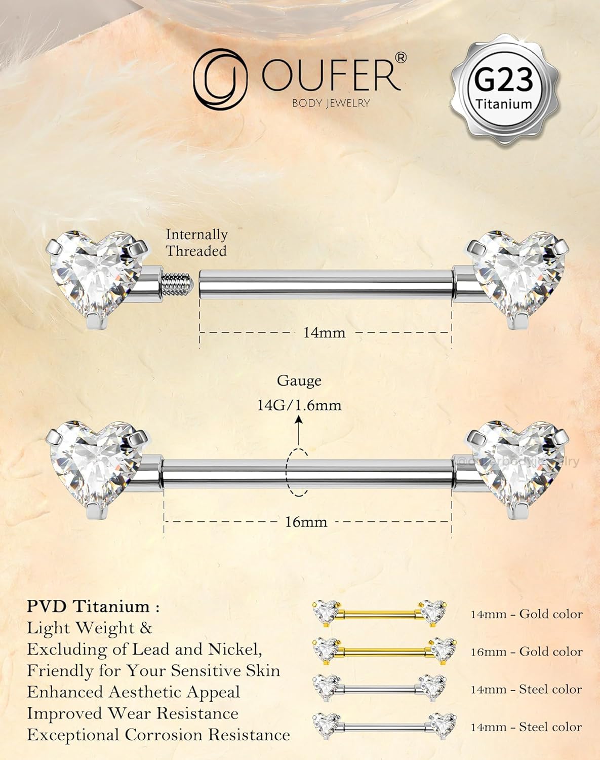 OUFER G23 Titanium Nipple Rings for Women, Internally Threaded 14g Nipple Piercing Jewelry,Heart CZ Gold Bridge Piercing 14/16mm - Image 4