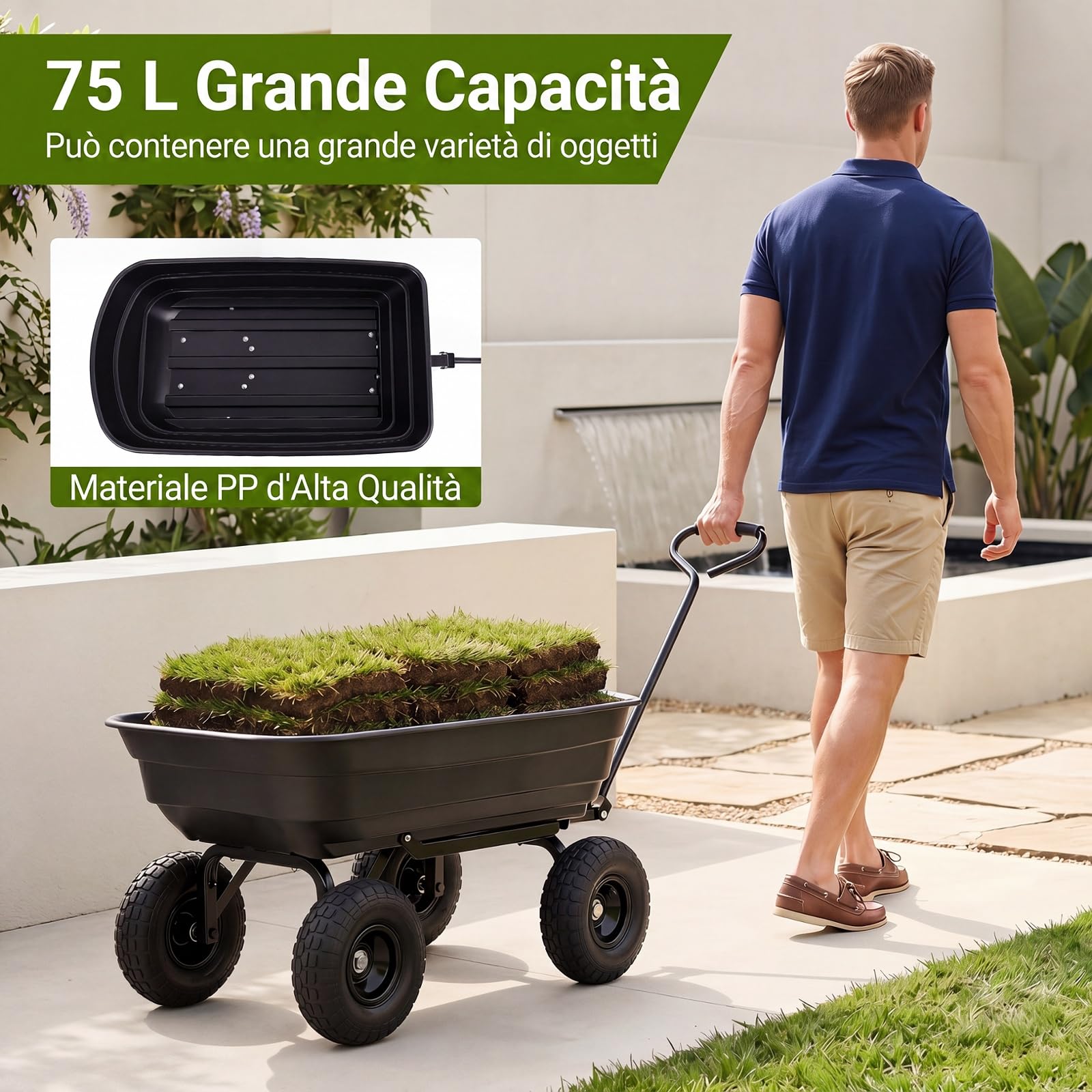 COSTWAY Carrello da Giardino 75 L Portata 300 kg, Carriola da Giardino Ribaltabile con 4 Ruote Pneumatiche, Manico Regolabile e Impugnatura Morbida, Carriola da Muratore da Esterno