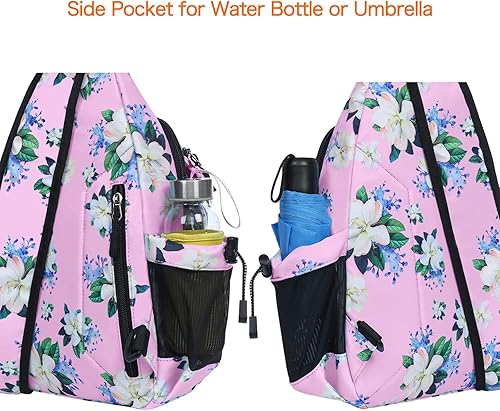 Miniatura 9 de MOSISO Paquete de 2 mochilas cruzadas con diseño de flor de mirto, bolsa de pecho con bolsillo antirrobo, gris espacial y rosa