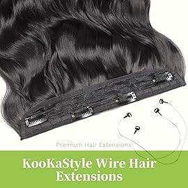 KooKaStyle Invisible Wire Hair Extensions with Transparent Wire Adjustable Size 4 Secure Clips Long Wavy Secret Hairpiece (24 Inch, Black)
