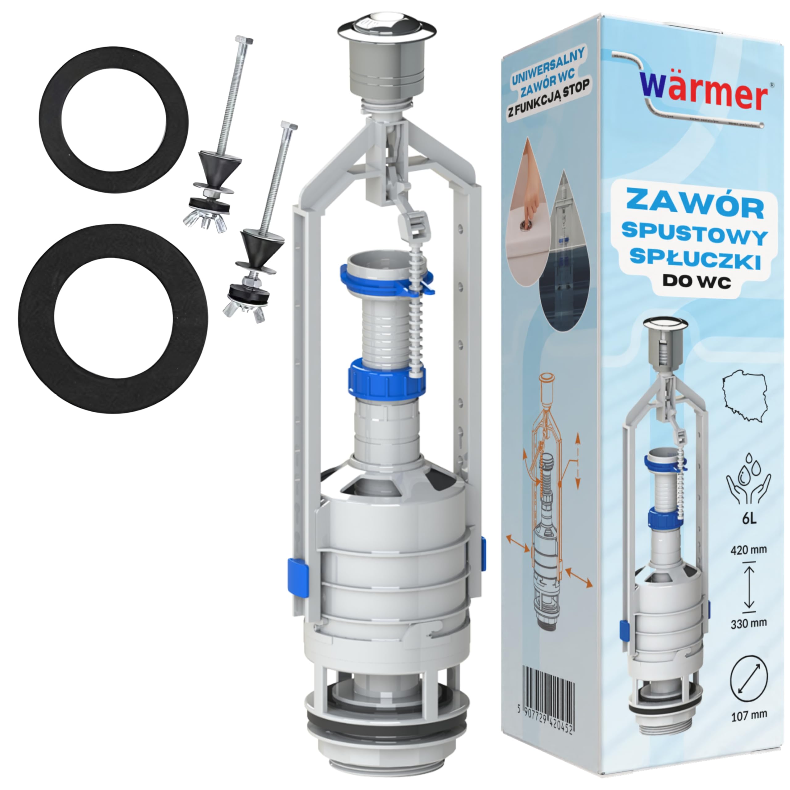 Rimex Robinet De Vidange Pour WC De Chasse D'eau 107 mm Pour Chasse D'eau WC Réservoir De WC Robinet De Chasse D'eau Avec Arrêt Avec Kit De Réparation Avec Joints Vis