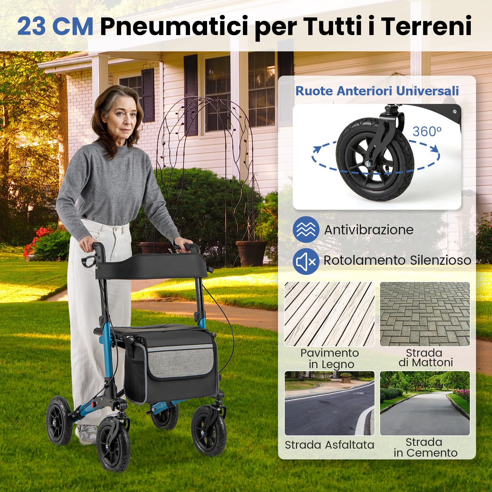 COSTWAY Deambulatore Pieghevole per Anziani in Alluminio, Rollator Regolabile in Altezza con Seduta, Schienale e Freni, Girello per Anziani con Borsetta, Carico Massimo 140 kg (Blu)