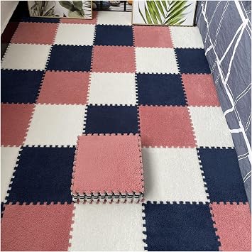 12 Pcs Interlocking Carpet Tiles, Plush Foam Square Floor Mats Set, Puzzle Floor Mat For Living Room, Bedroom And Hard Floor, 12 Tiles/12 Sq.FtColorApricot Navy Blue+Light Red+White
