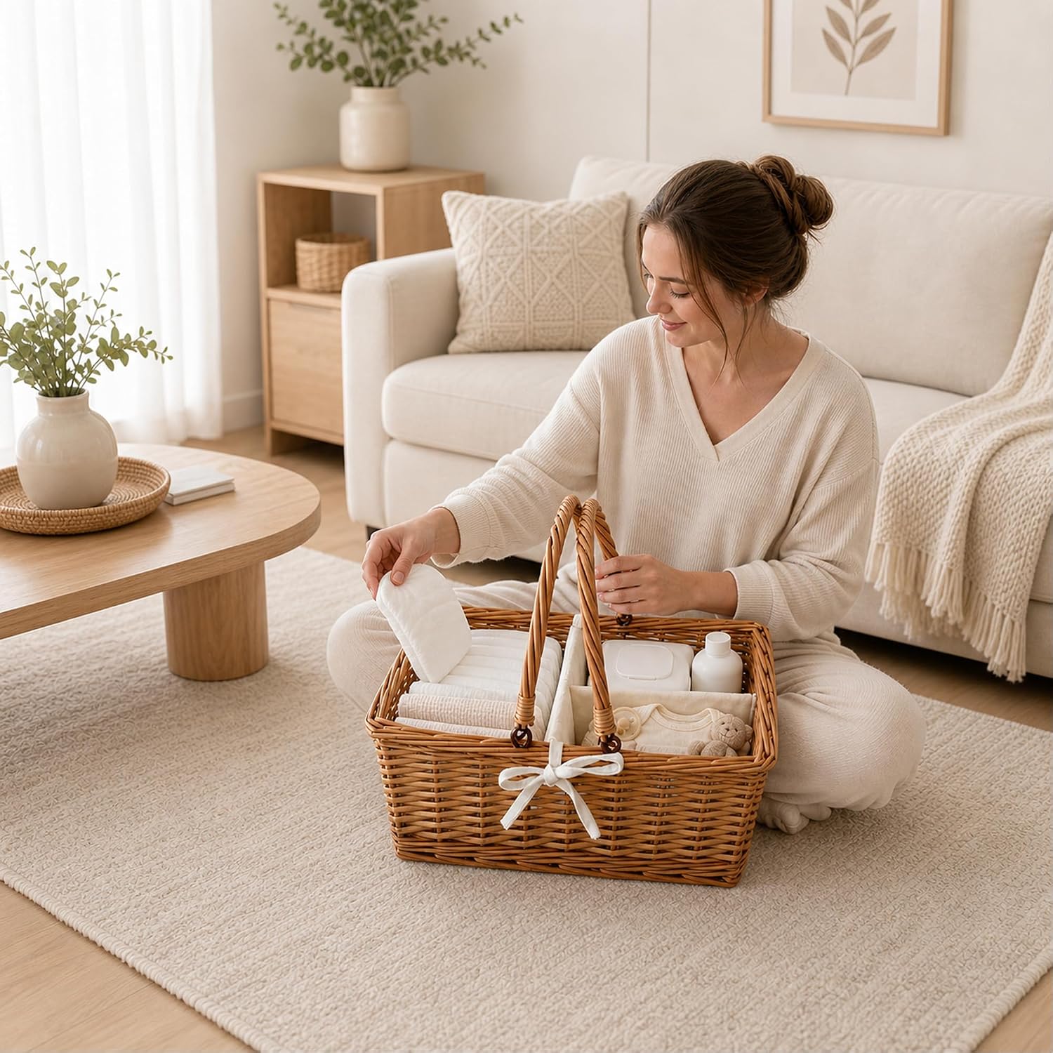 Wicker Diaper Caddy Organizer, Woven Rattan Diaper Caddy Basket with Removable Divider for Changing Table, Portable Car Organizer for Diapers Storage, Baby Shower Gifts