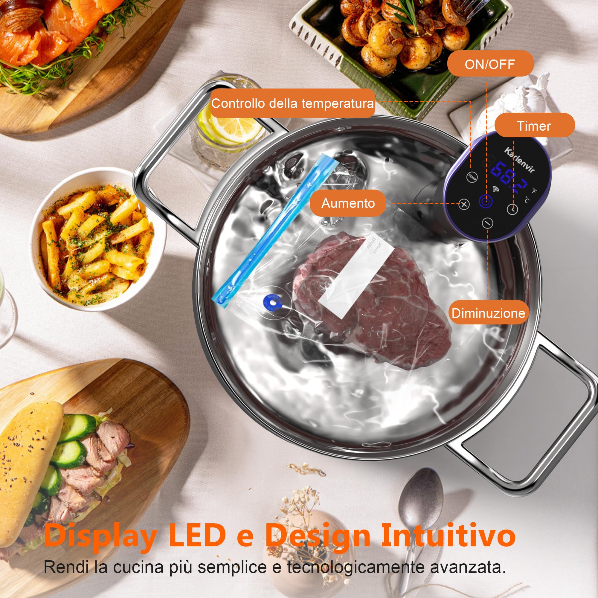 WiFi Sous Vide Roner 1100W, Wi-Fi Roner Cucina a Bassa Temperatura con Controllo APP e Controllo Accurato Della Temperatura, LED Display, Impermeabilità IPX7, 10℃-90℃
