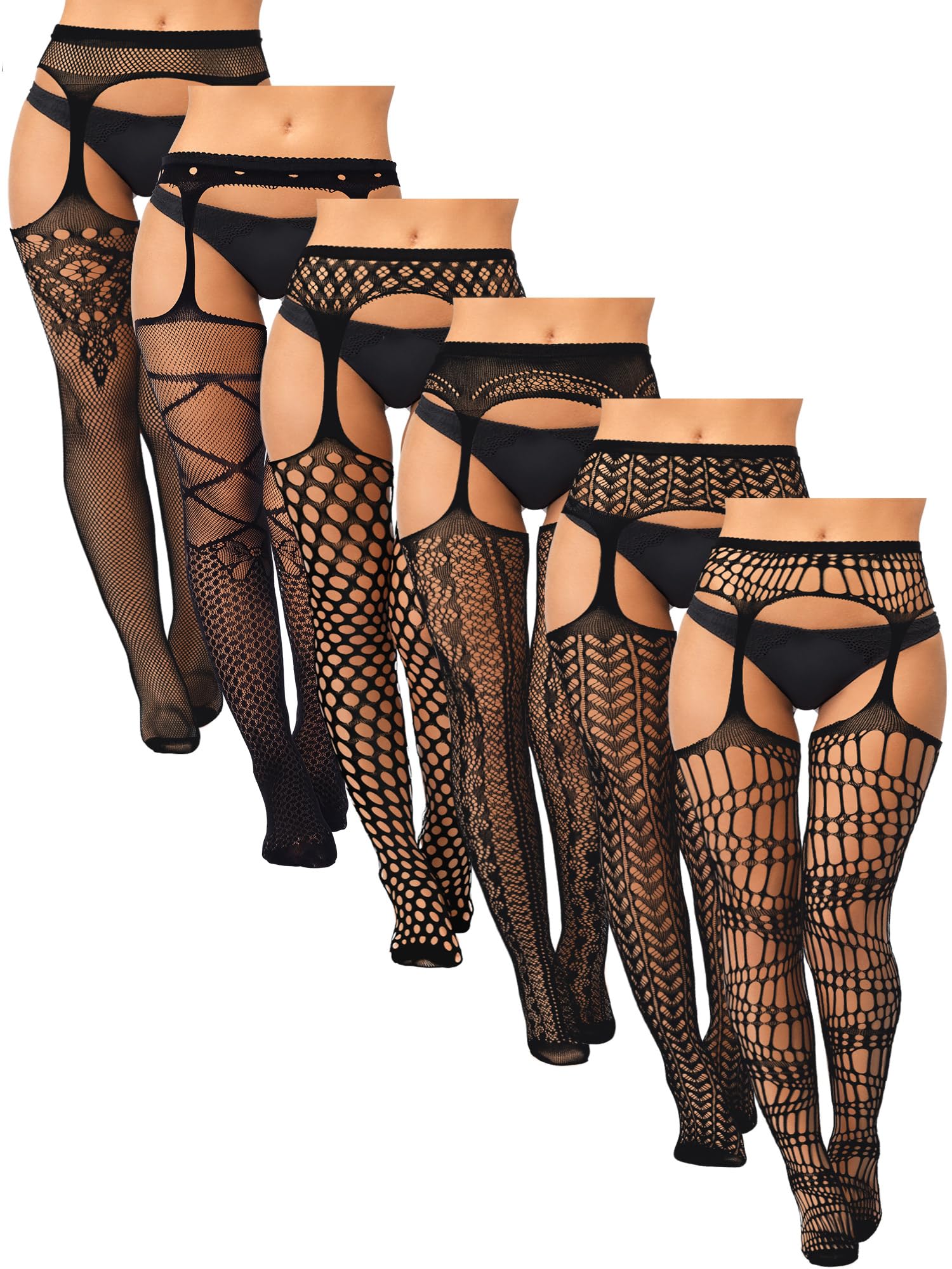 Skylety 6 Pairs Fishnet Stockings for Women Plus Size Thigh-high Tights Stockings Suspender Pantyhose Garter Belts