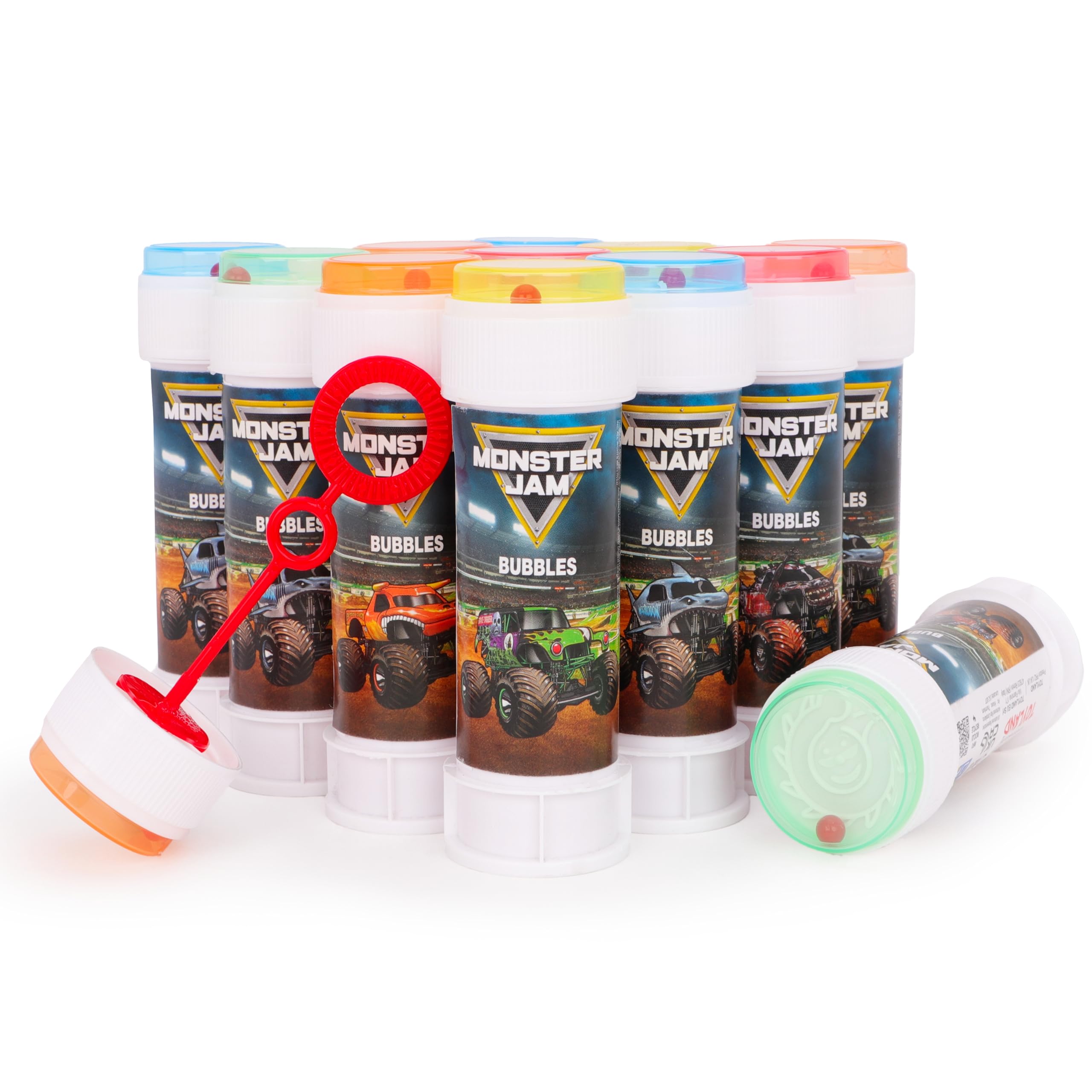 Toyland® Pack of 12 Monster Jam Bubbles With Wands, 60ml Solution & Novelty Maze Lid - Pocket Money & Party Bag Toys