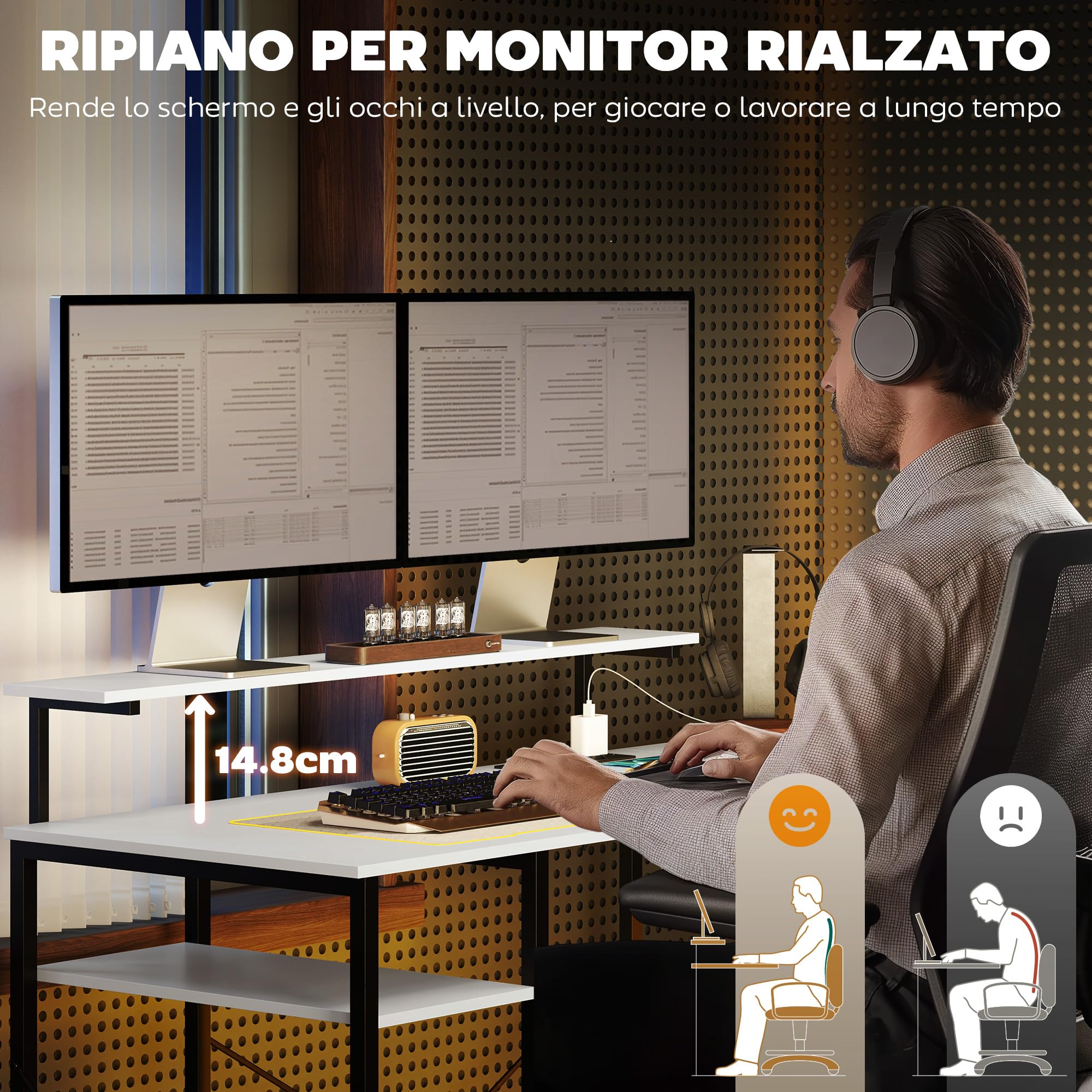 HOMCOM Scrivania Angolare per Computer 137x140cm ad L Reversibile Nero | Doppio Supporto per Monitor, Prese Elettriche, Tavolo per PC con Libreria, per Ufficio Studio e Camera da Letto