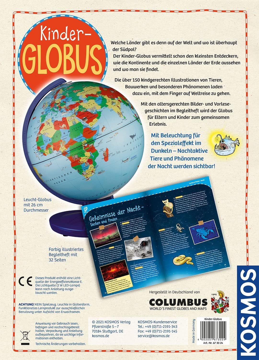 Kosmos 673024 Kinder-Globus, ab 5 Jahren, mit Beleuchtung, Durchmesser 26 cm, Lernspielzeug für Kinder und Deko fürs Kinderzimmer