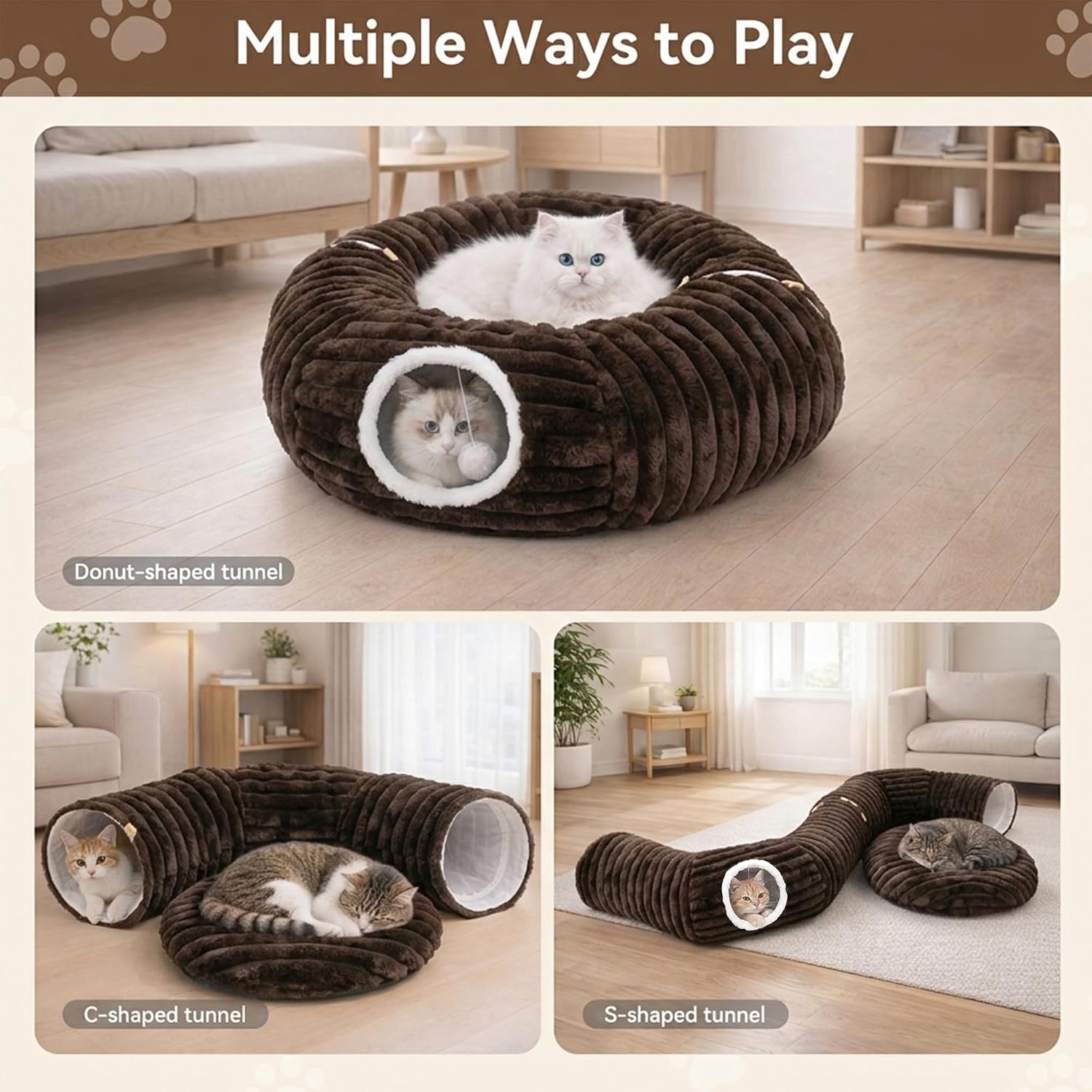 Dogpals Cat Tunnel Bed Cave 35" Lx11.8 Wx11.8 H for Indoor Cats (Coffee) image 2