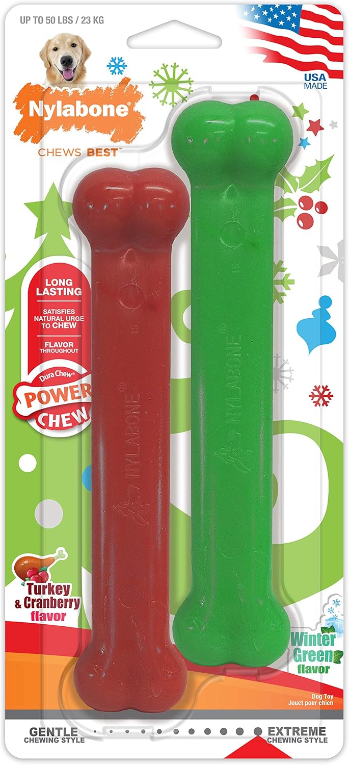 Nylabone Power Chew Toy Holiday Twin Pack - Dog Toys for Aggressive Chewers - Tough & Durable Dog Bones for Large Dogs - Turkey & Cranberry and Winter Green Flavors, Large/Giant (2 Count)