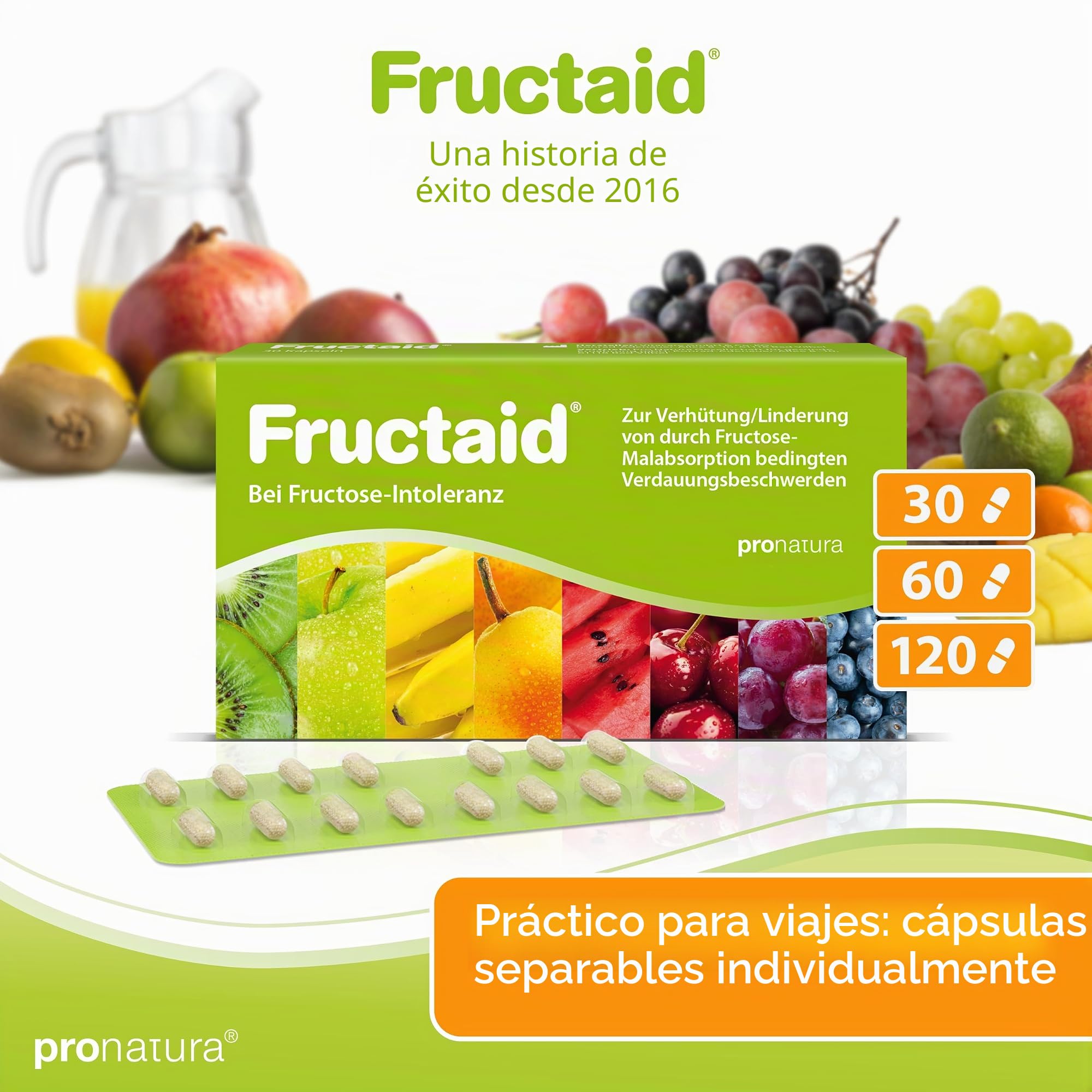 pro natura Fructaid – 120 cápsulas para intolerancia a la fructosa, suplemento para la prevención y el alivio de la mala absorción de fructosa indigestión