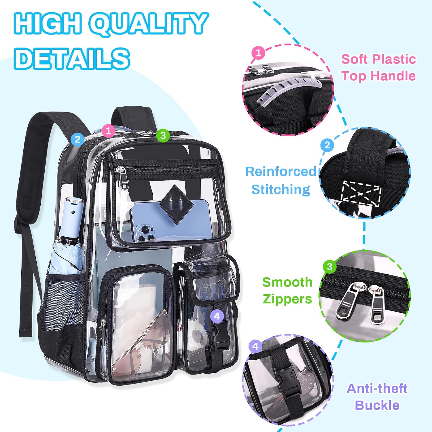 PIG PIG GIRL Clear Backpack for School,Heavy Duty PVC Transparent Bookbag for Girls Stadium Approved See Through Backpack