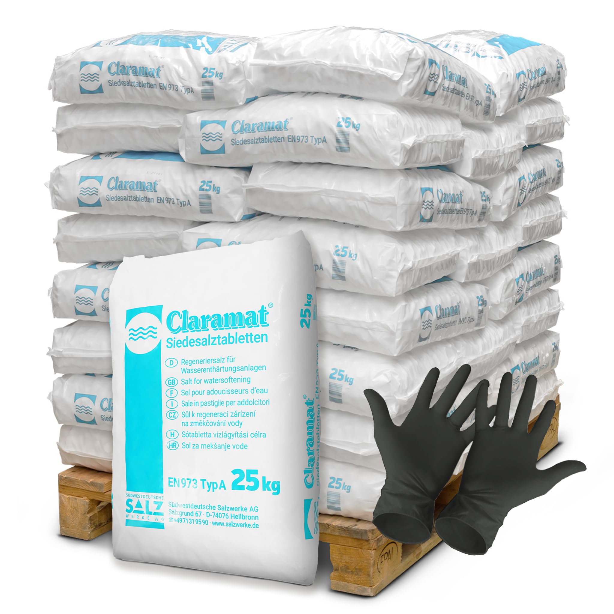 Claramat Comprimidos de sal hirviendo 40 x 25 kg (1000 kg) tabletas de sal regeneradora de sal ablandadora, incluye 1 par de guantes desechables de ARNOMED