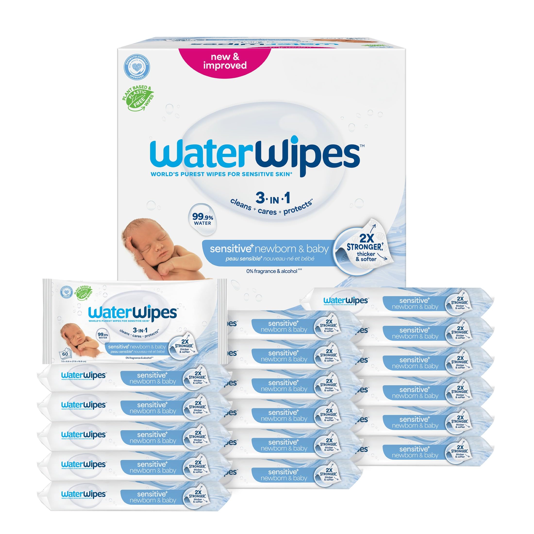 WaterWipes Plastic-Free Original Baby Wipes, 99.9% Water Based Wipes, Unscented & Hypoallergenic for Sensitive Skin, 1080 Count (18 packs) 60 count (Pack of 18)