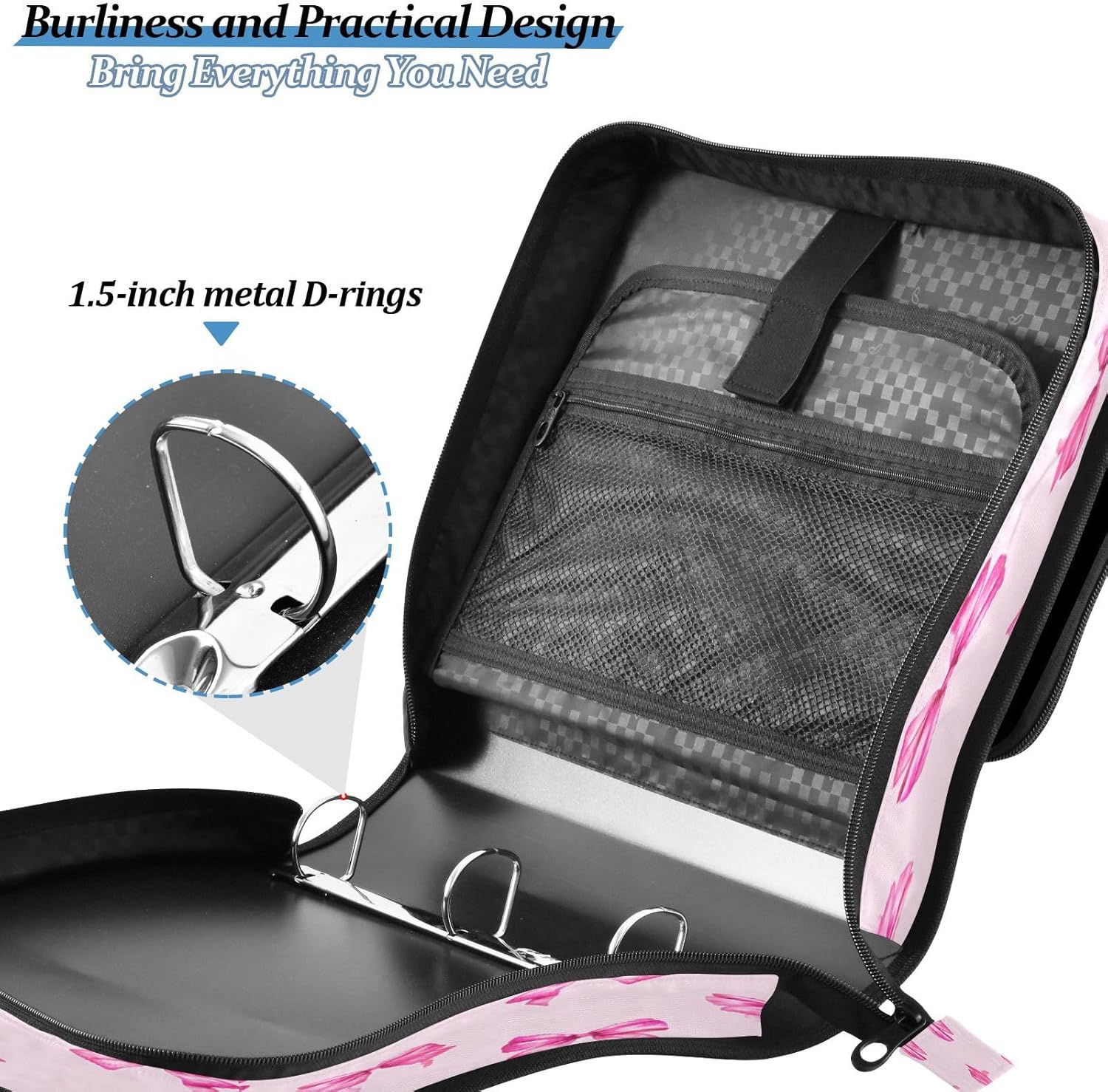 Bow Zipper Binder 1.5 inch 3 D-Ring Binder with Shoulder Strap Multiple Pockets Expanding File Folder for Office 500 Sheets Capacity