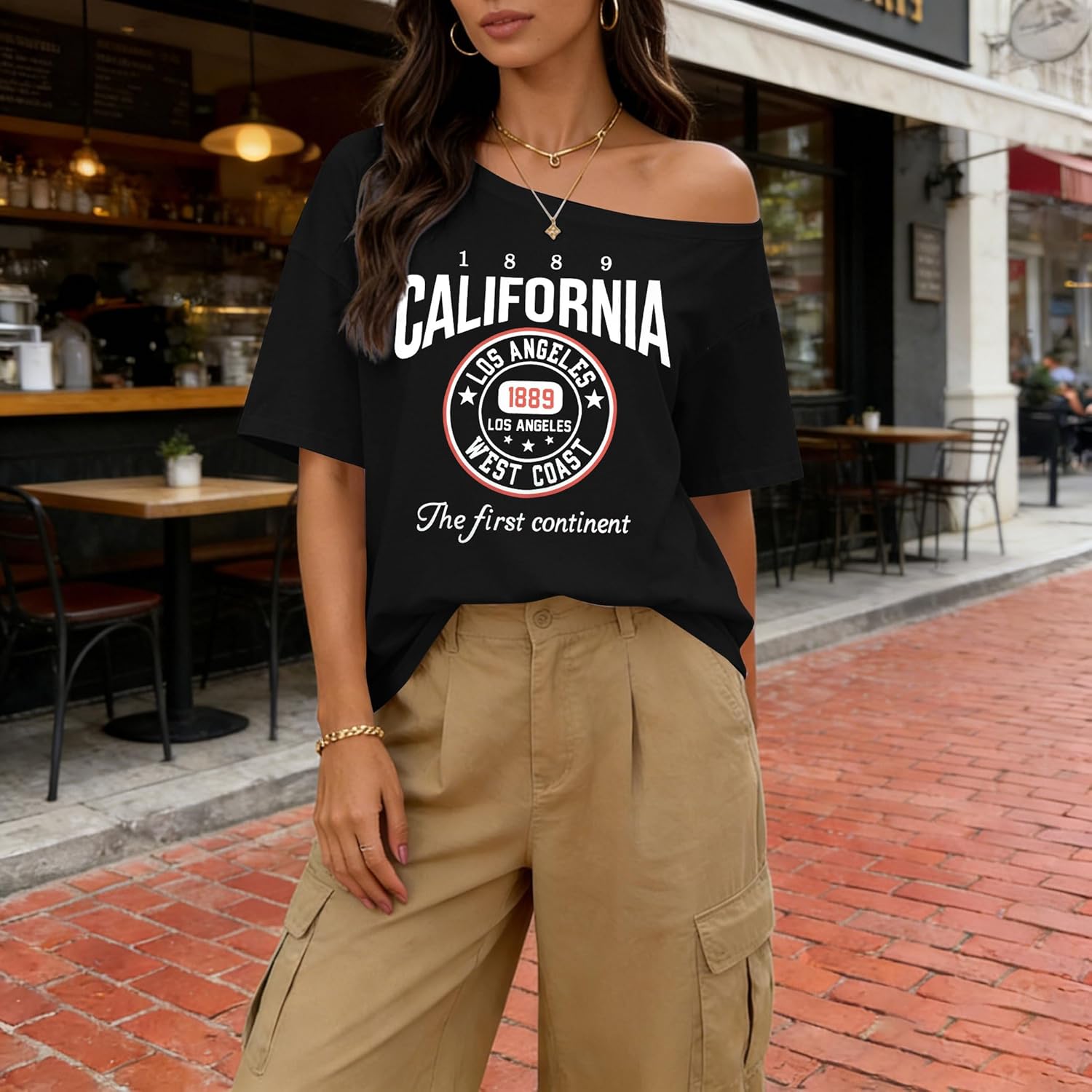 TAOHONG Women Off The Shoulder Tops California Graphic Short Sleeve Tees Casual Summer Vacation Shirts Letter Print T Shirts - Image 8