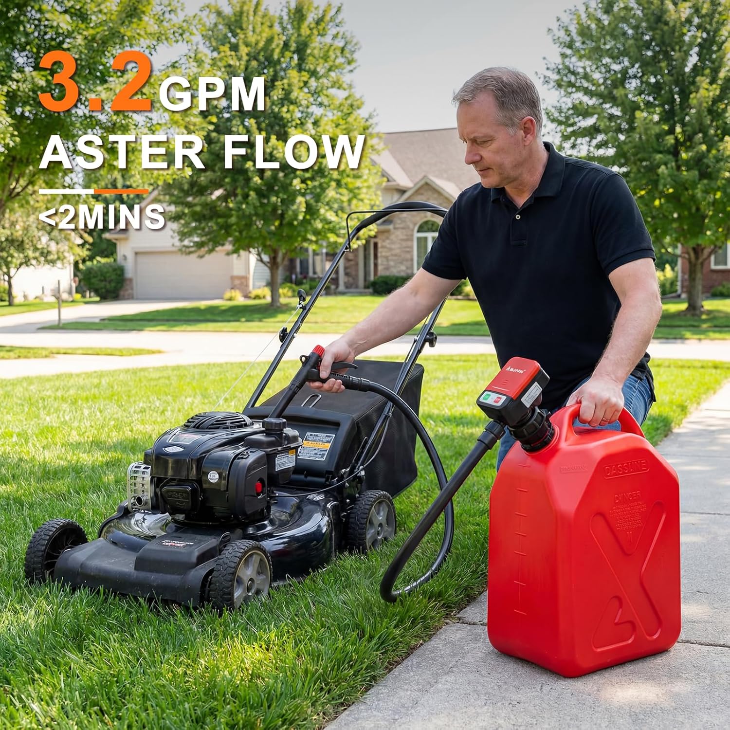 Gas Can Fuel Pump Portable - Gifts for Men, Fast 3.2 GPM Flow Rate, 51” Long Vinyl Hose, 4 Tank Adapter, for Gasoline, Kerosene, Diesel, Non-Potables black