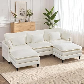 Modular Cloud Couch Sectional Sofa with Movable Ottoman, Modern Modular U-Shape Sofa Couch with Deep Seat,Chenille Sofa Sleeper Comfy Couches for Living Room Beige White, 110.6-U Shape