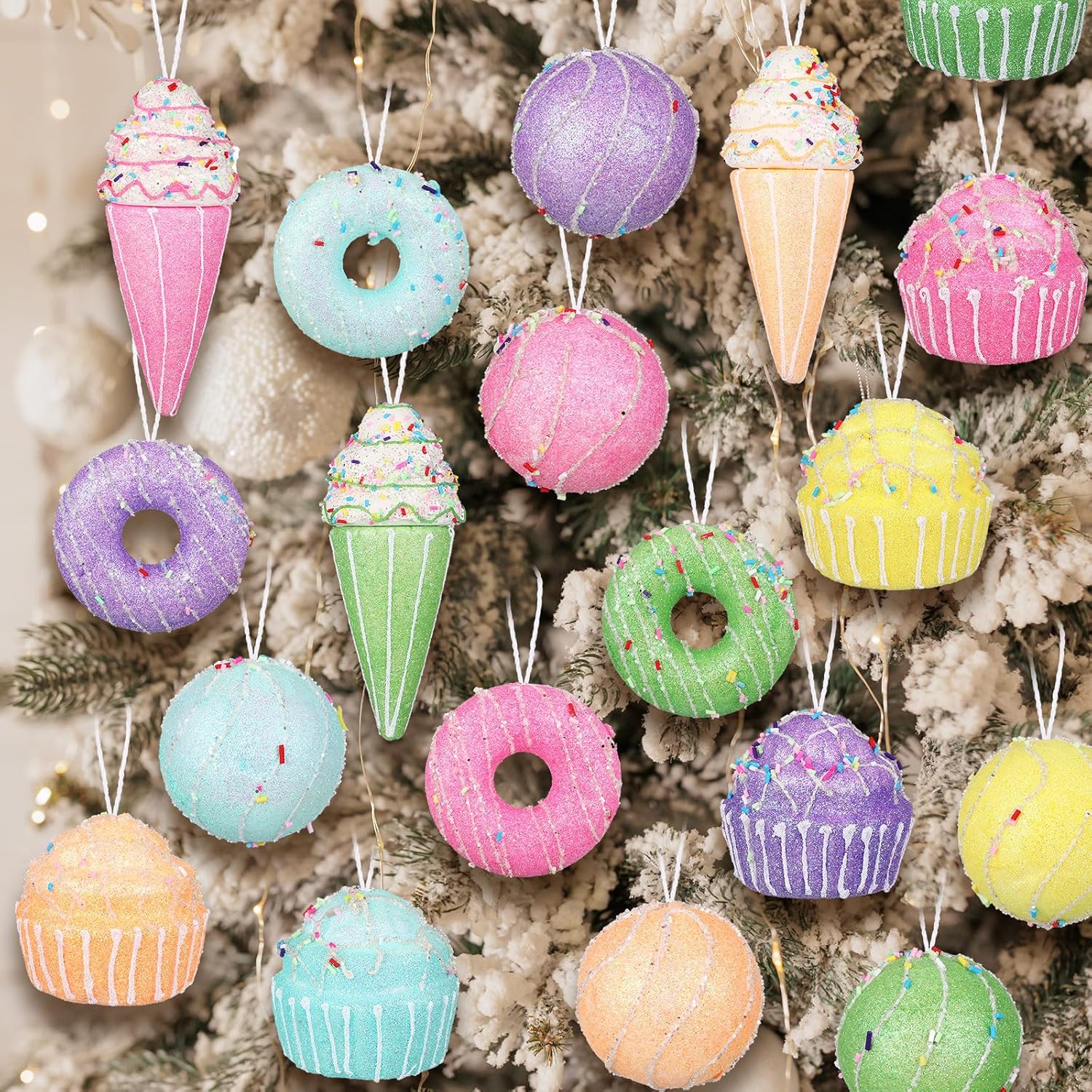 Gejoy 24 Pcs Pastel Dessert Theme Christmas Tree Ornament Sets Pastel Hanging Donut Ice Cream Cupcake Ball Candy Pendants for Xmas Holiday New Year Birthday Baby Shower Party Supplies