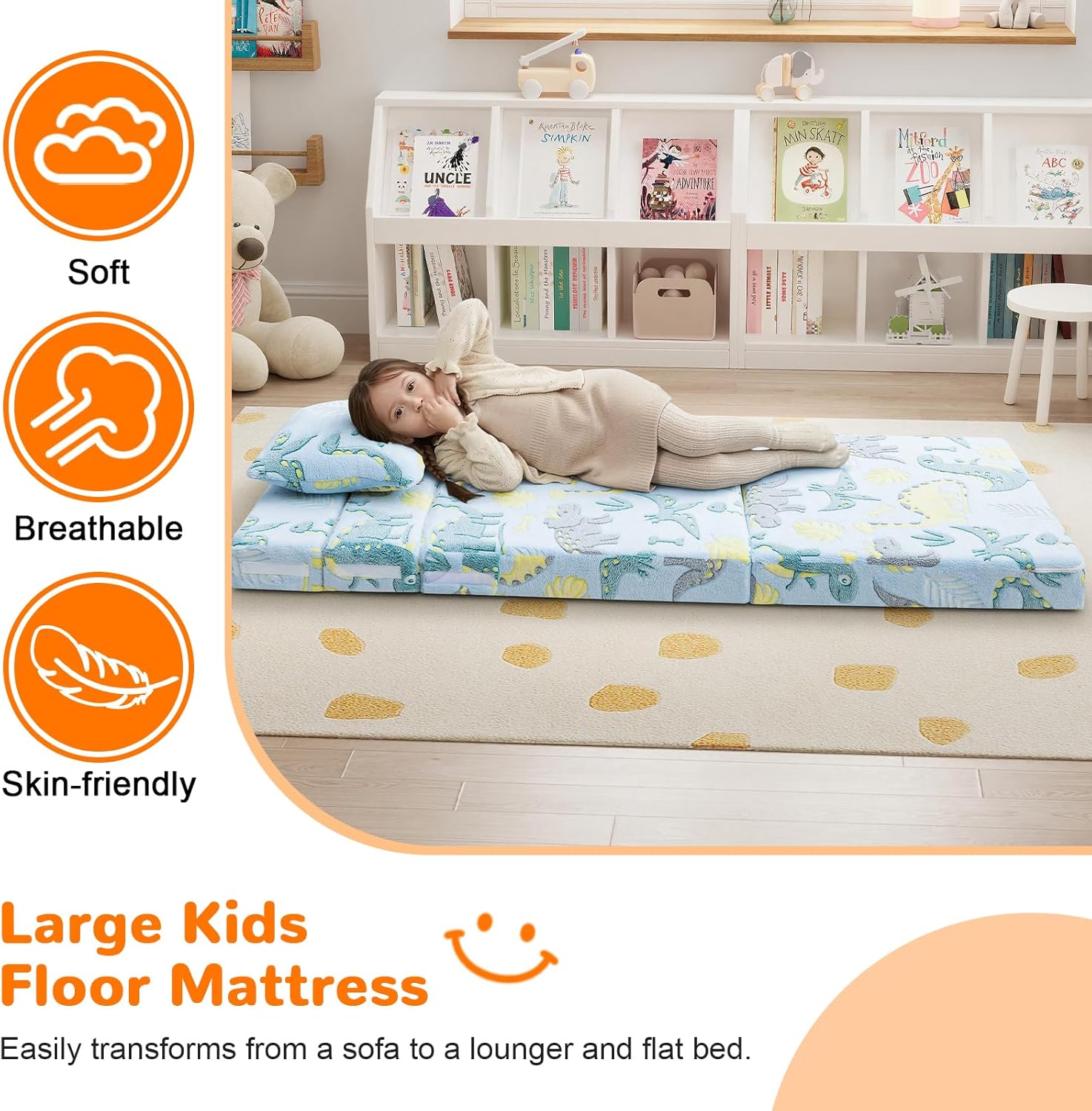 MeMoreCool Glow Dinosaur Tri-fold Sofa Bed for Kids, Foldable Futon Mattress and Chair, Convertible Floor Couch for Playroom