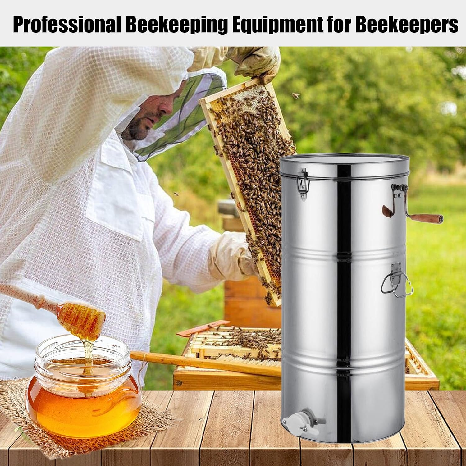 2 Frames Honey Extractor, 304 Stainless Steel Honey Extractor Manual, with Stainless Steel Cover and Handle, for Apiaries and Family Use,2 Frame