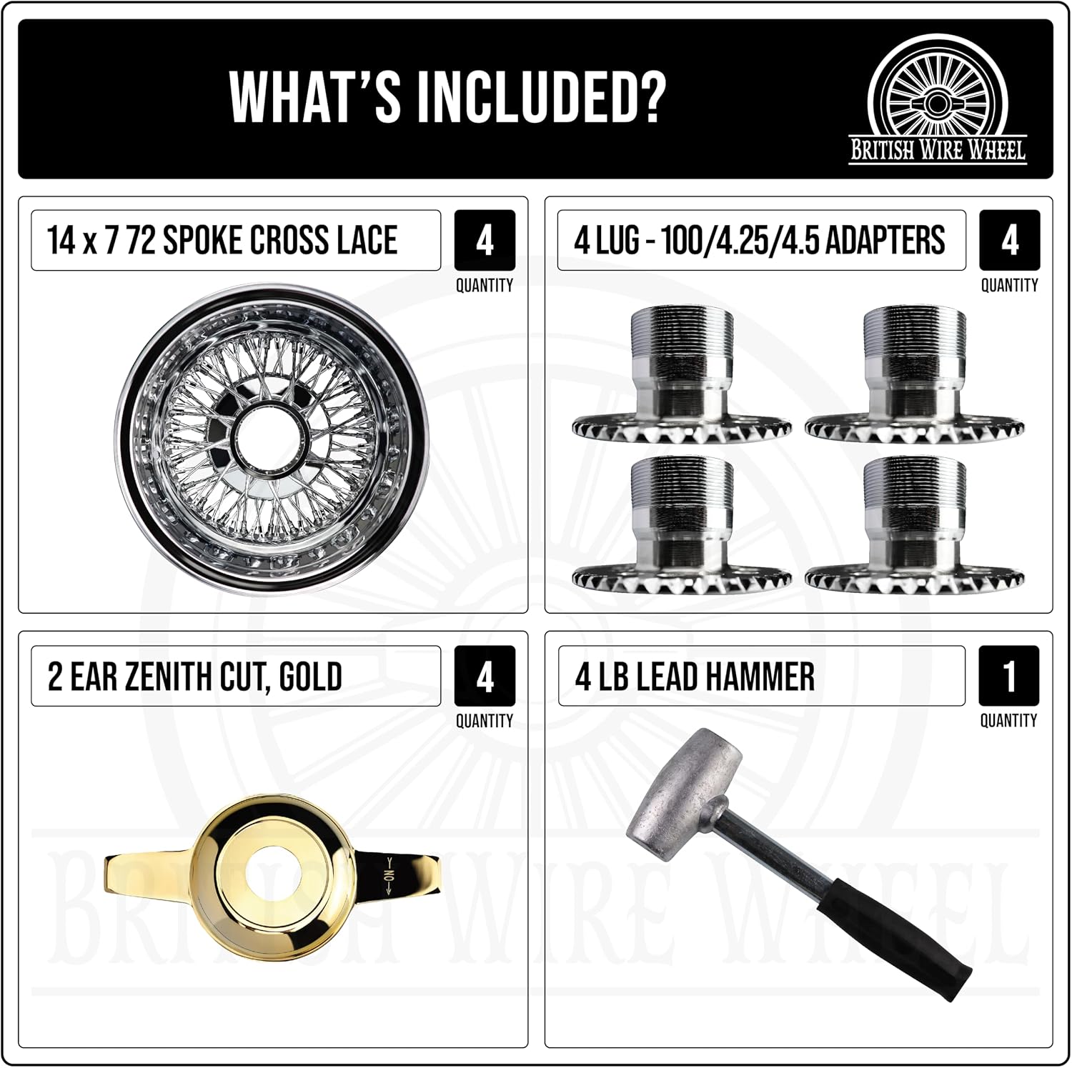 14x7 Reverse 72 Spoke Cross Lace Wire Wheels with Zenith Cut Gold Knock Off Spinner Caps + Chrome Adapters 4x100, 4x4.25, 4x4.5 | Deep Dish Lowrider Rim | Set of 4 + Lead Hammer