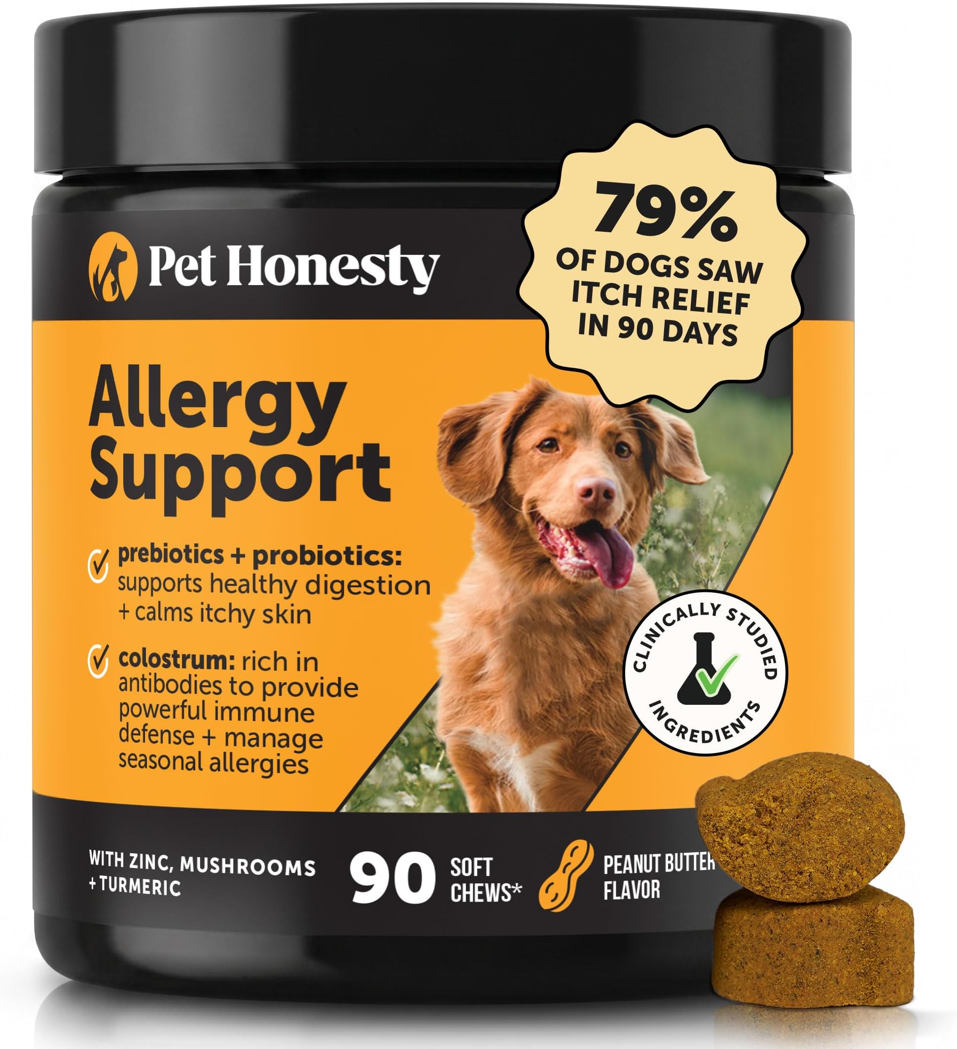 Dog Allergy Relief Immunity Chews - Paw Licking, Itching & Seasonal Allergies - With Colostrum, Probiotics, Turmeric & Salmon Oil - Vet Recommended Anti-Itch Supplement for Dogs (Peanut Butter, 90 Ct)