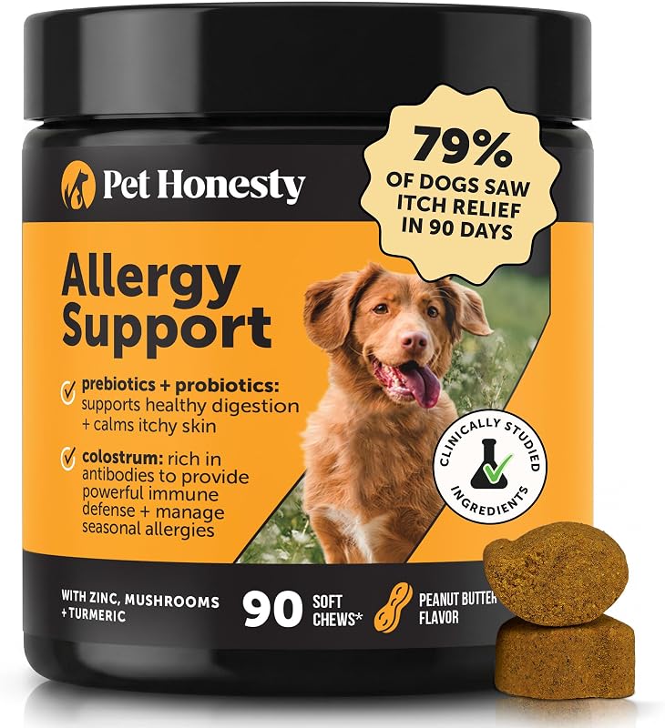 Masticables para alergias a perros Pet Honesty, para lamer patas, picazón y alergias estacionales, con calostro, probióticos y aceite de salmón, suplemento para aliviar la picazón recomendado por veterinarios para perros (mantequilla de maní, 90 unidades)