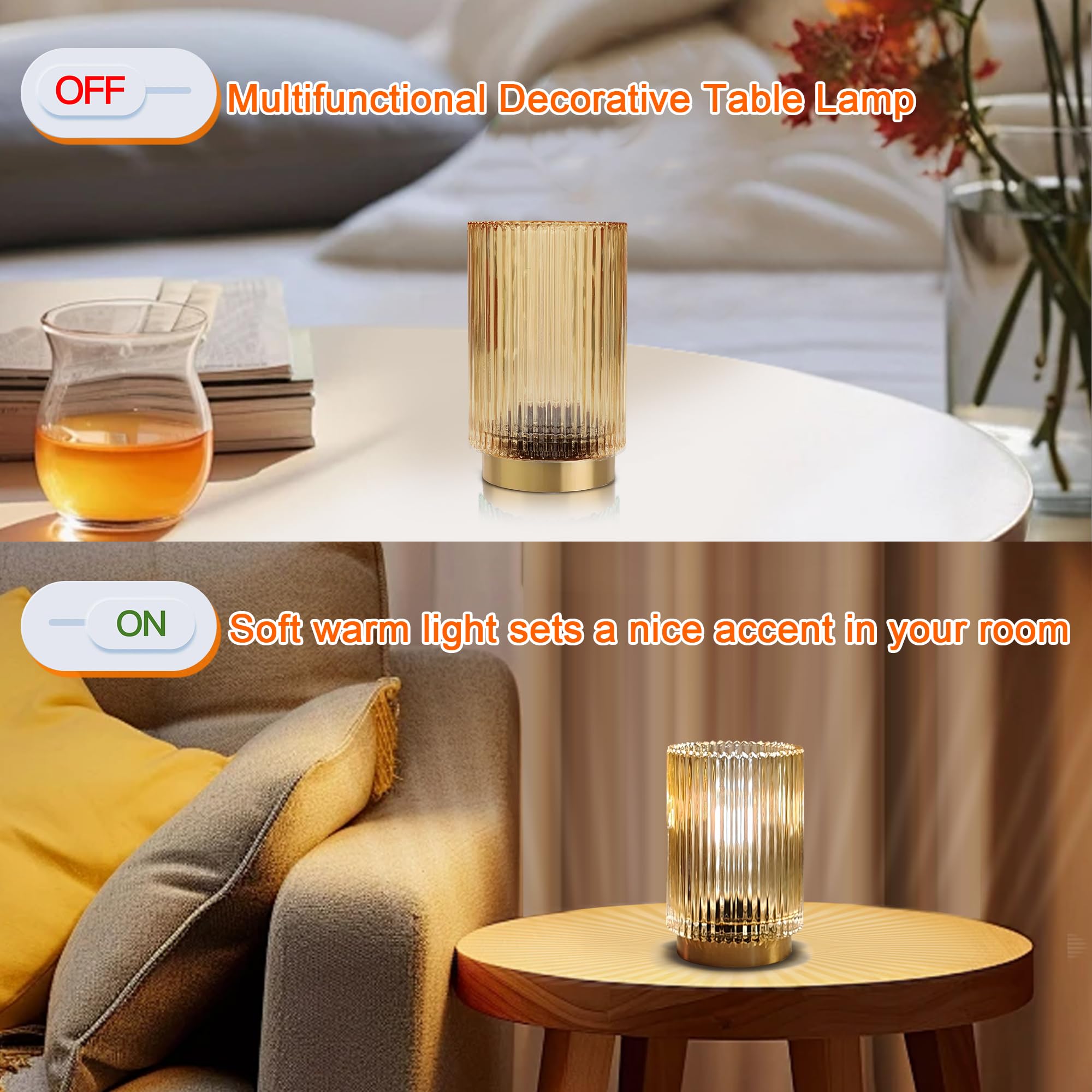 MEKOTRIN Cordless Table Lamps for Home Table Lights Rechargeable Decorative Wireless Light Glass Small Night Lamp for Bedroom Living Room Dining Home Tabletop Entryway Decor(Amber) - Image 4