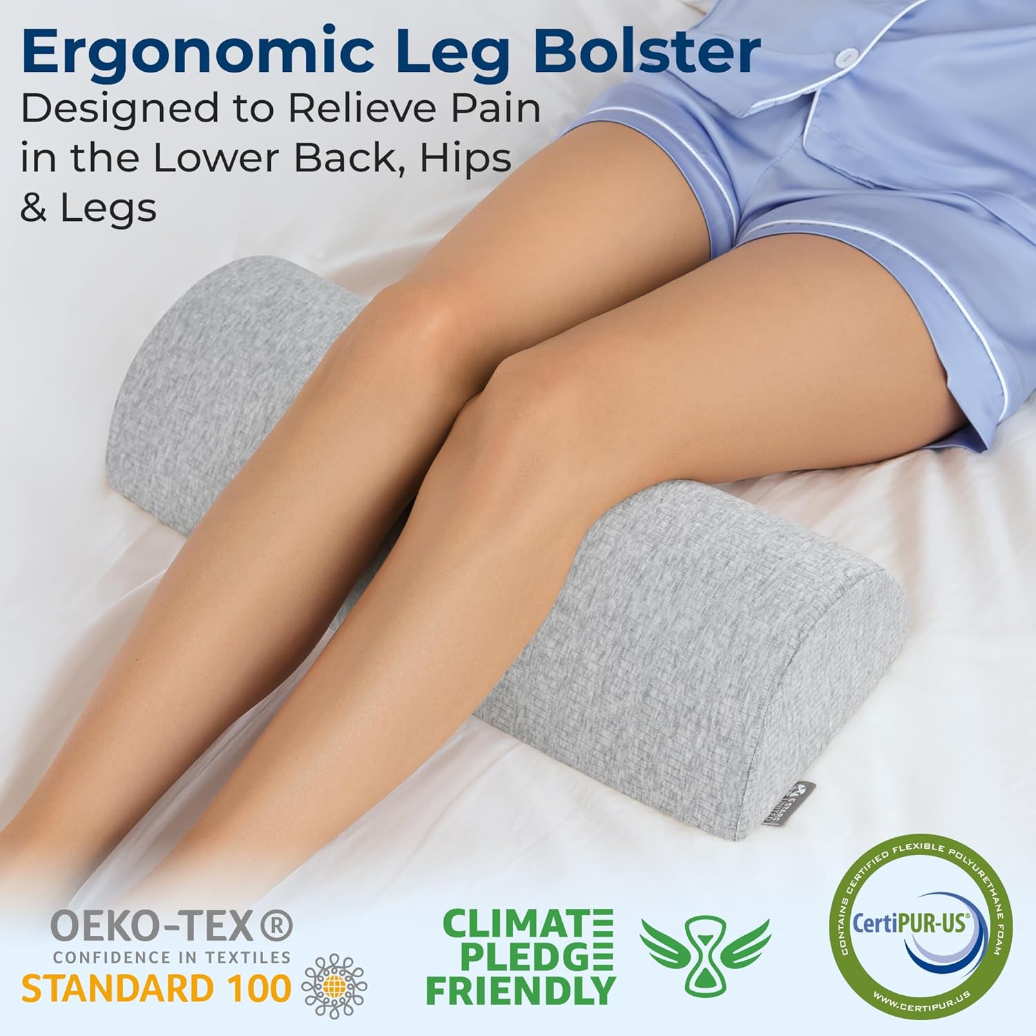 5 STARS UNITED Half Moon Knee Pillow for Back Sleeping – Memory Foam Cushion for Sciatica Pain Relief | Bed Sheet Straps Set | Easy to Use Adjustable Elastic Fasteners with Metal Clips