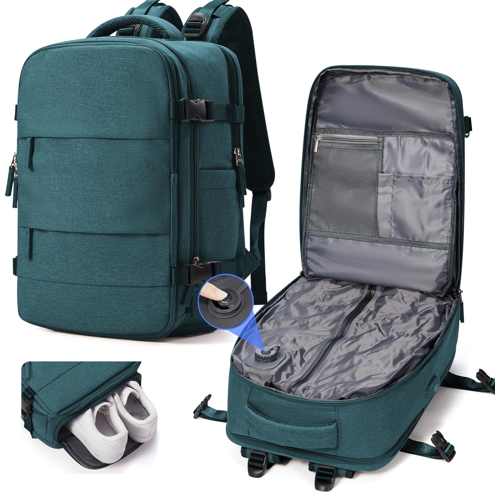 suradar Mochila al Vacío Viaje con Bomba Integrada Mochilas Cabina Avion 40x20x30 Ryanair Wizzair Eurowings Vueling Mochila Compresion al Vacio con Bomba Equipaje de Mano 40x30x20 Azul Pavo Real