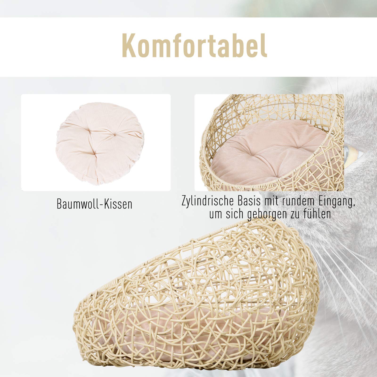 PawHut Rattan Katzenhöhle mit Kissen für Katzen Hunde Ø56 x 35 cm Beige